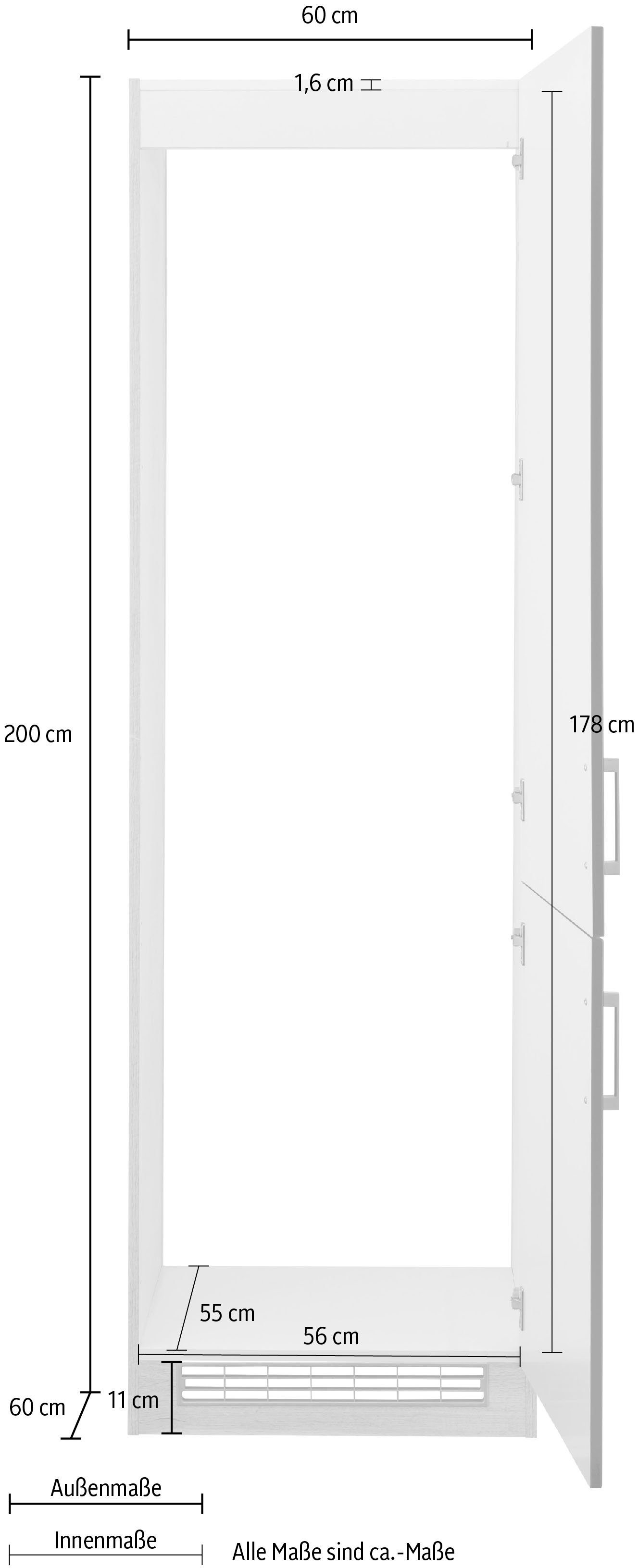 HELD MÖBEL Kühlumbauschrank cm wotaneiche breit, 200 178 Metallgriffe, Tinnum | 60 cm cm mit schwarz hoch, Nischenmaß