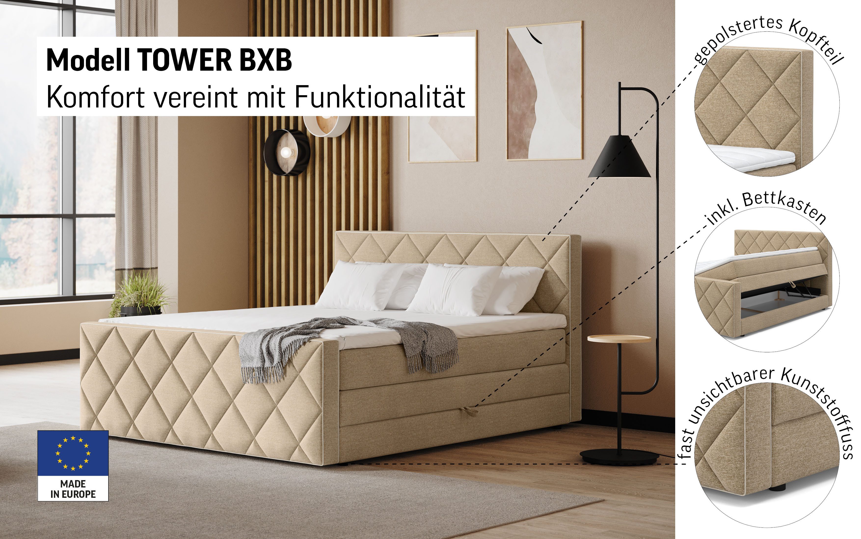 COTTA Boxspringbett Tower inkl. Bettkasten, mit Keder in abgesetzter Farbe, in verschiedenen Breiten, Härtegraden und Farben erhältlich
