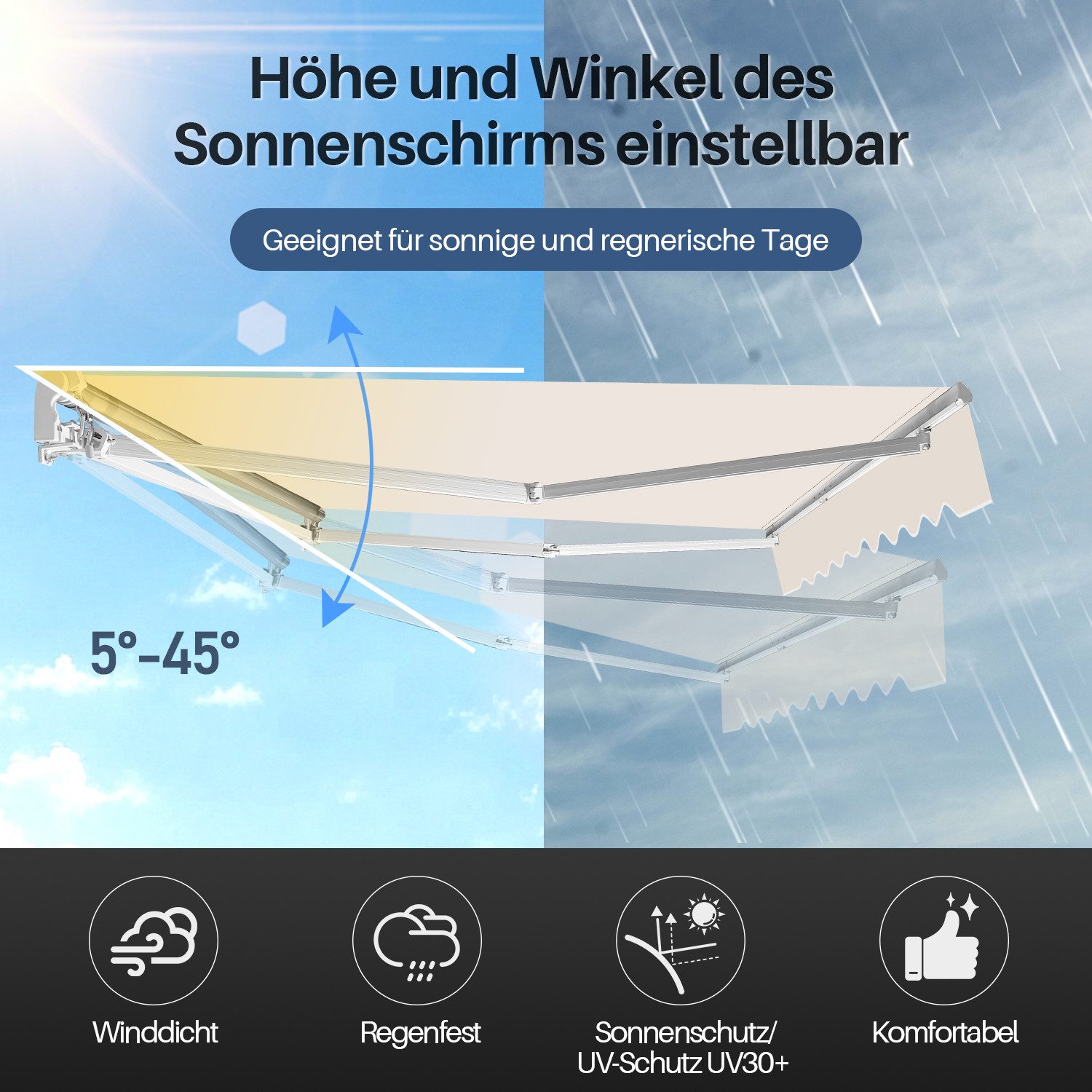 Clanmacy Markise Gelenkarmmarkise Balkonmarkise Sonnenmarkise UV-Schutz 350x300cm Beige – Bild 5 von 5