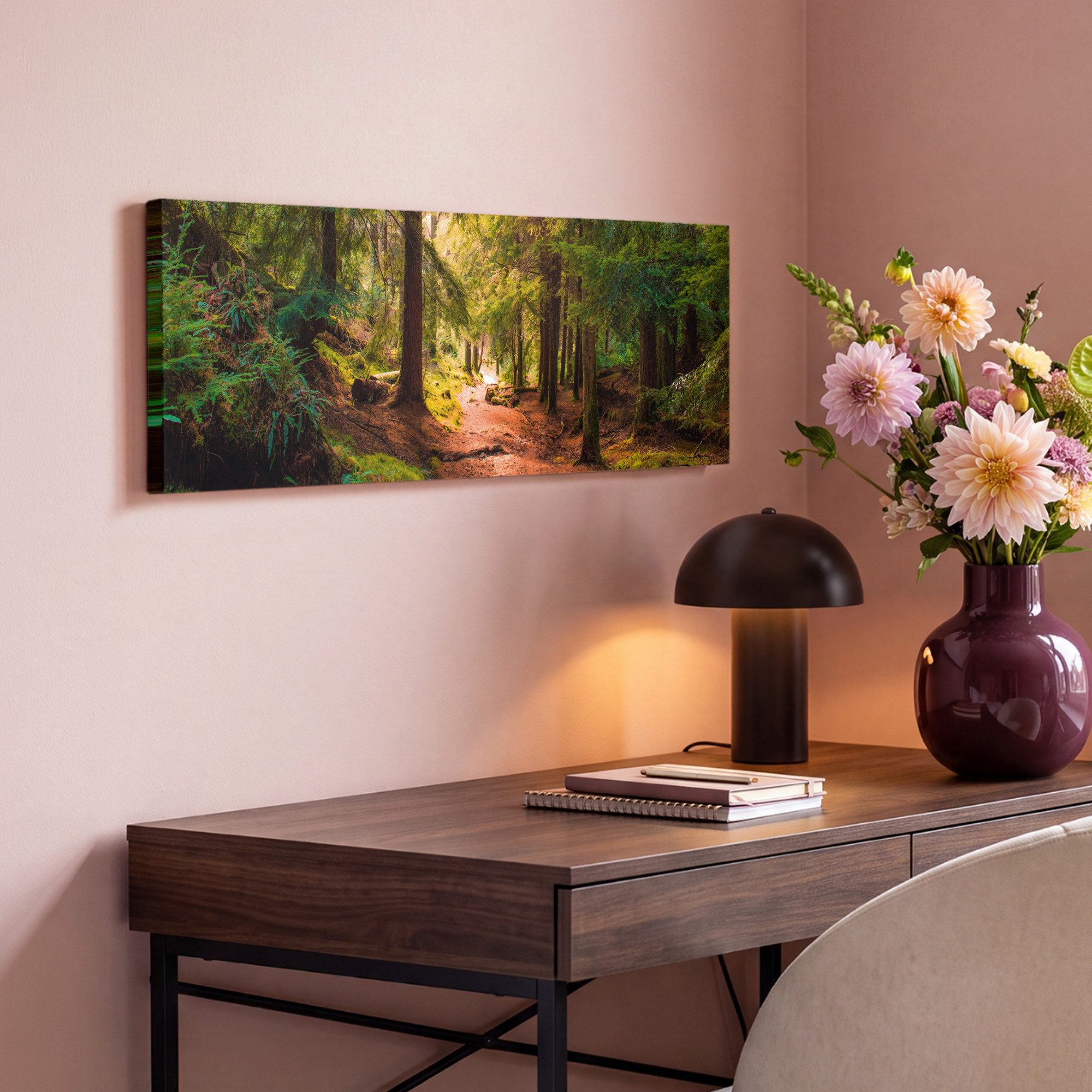 OneMillionCanvasses® Leinwandbild Panorama Wald - Weg - Bäume - Grün - Sonne - Natur, Fotodruck (1 St), Wandbild, Deko Schlafzimmer Wohnzimmer Flur 60x20 cm – Bild 4 von 5