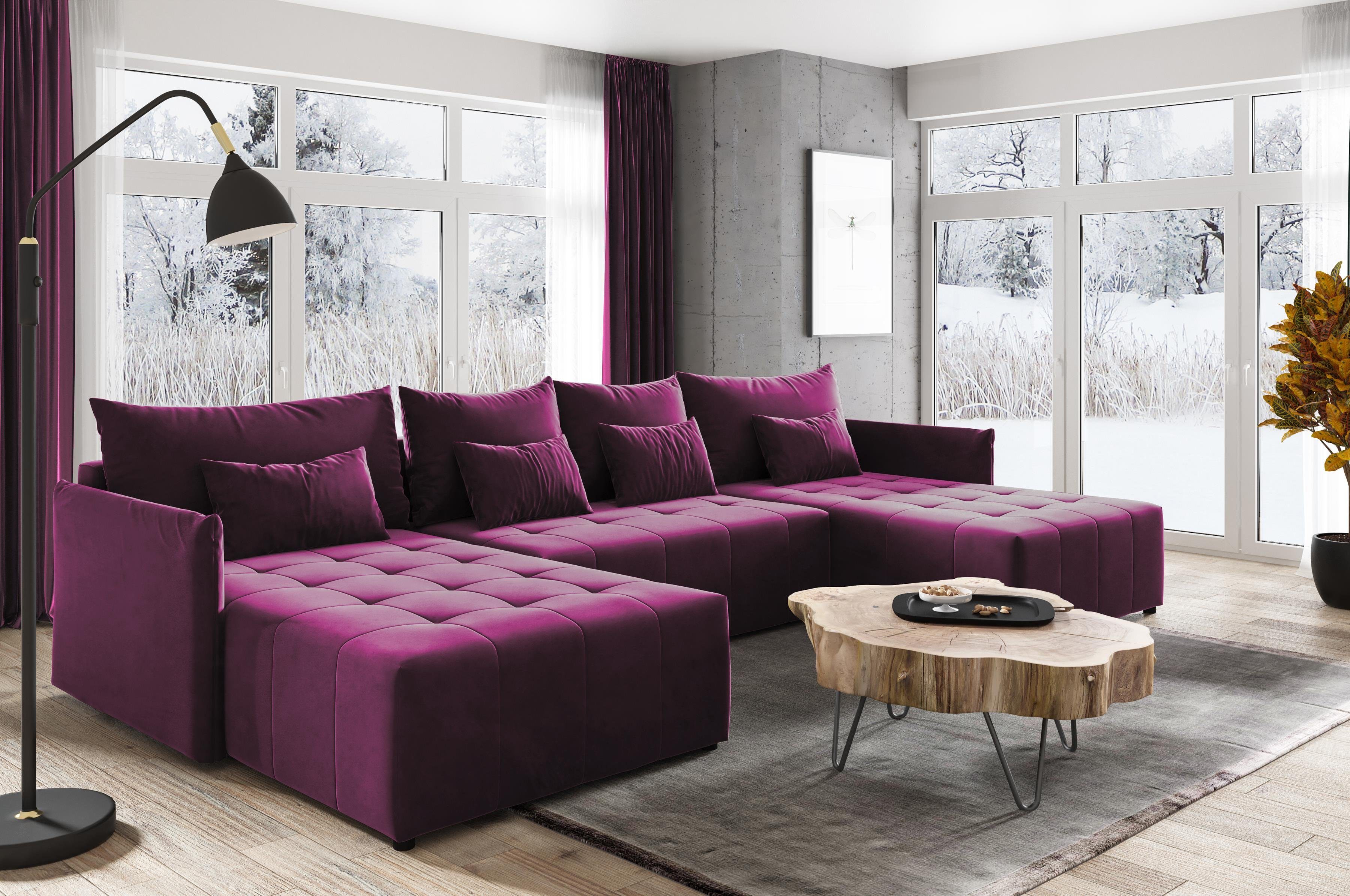 aus Velourstoff U-Form, mit violett Sofa Compleo NAPOLI Schlaffunktion Ecksofa Ecksofa