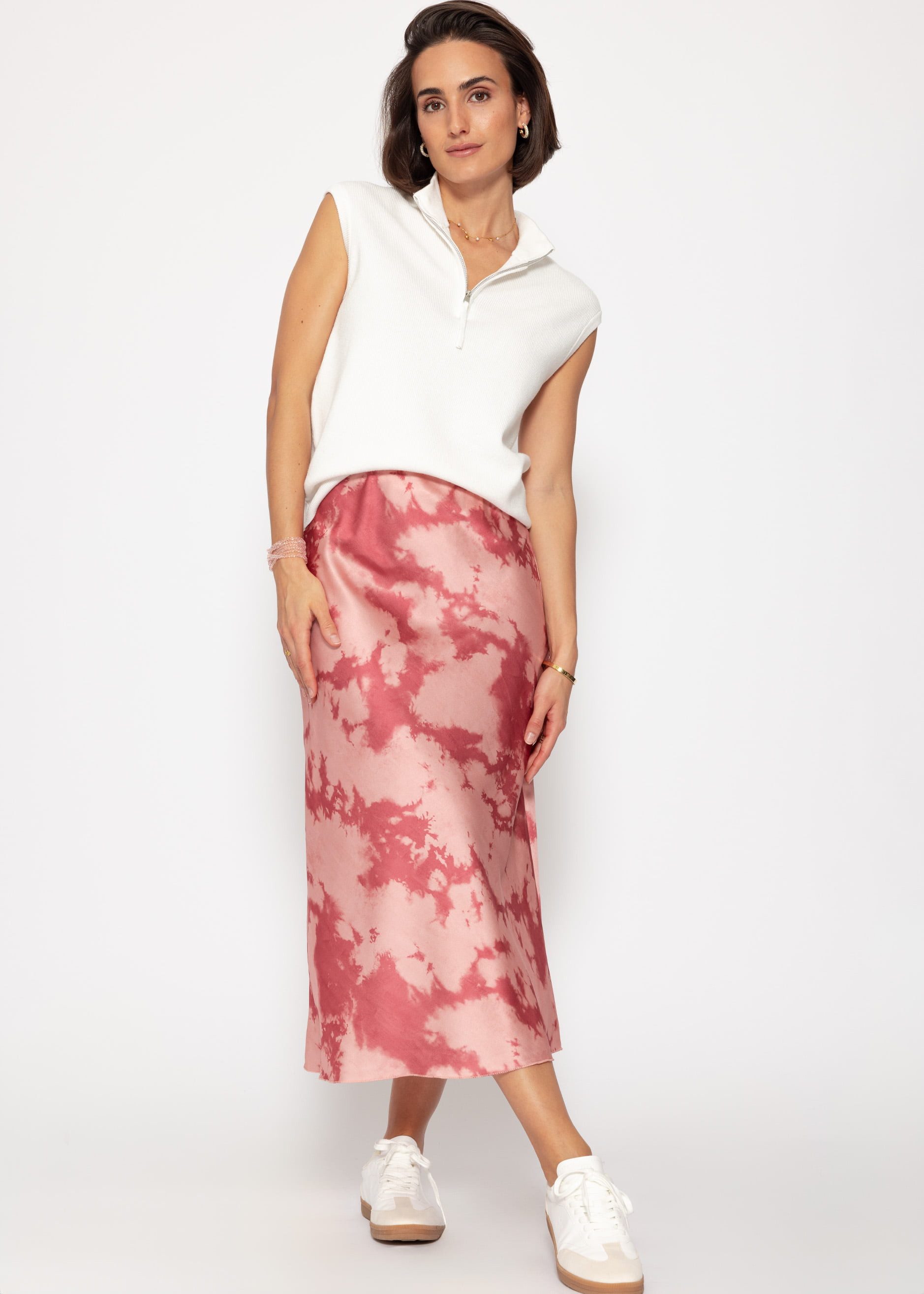 SASSYCLASSY Minirock High Waist Satin Maxirock Damen in A-Linie elegant Weicher Maxi-Lang Satinrock mit Gummibund in Batik-Muster in Rosa – Bild 3 von 5