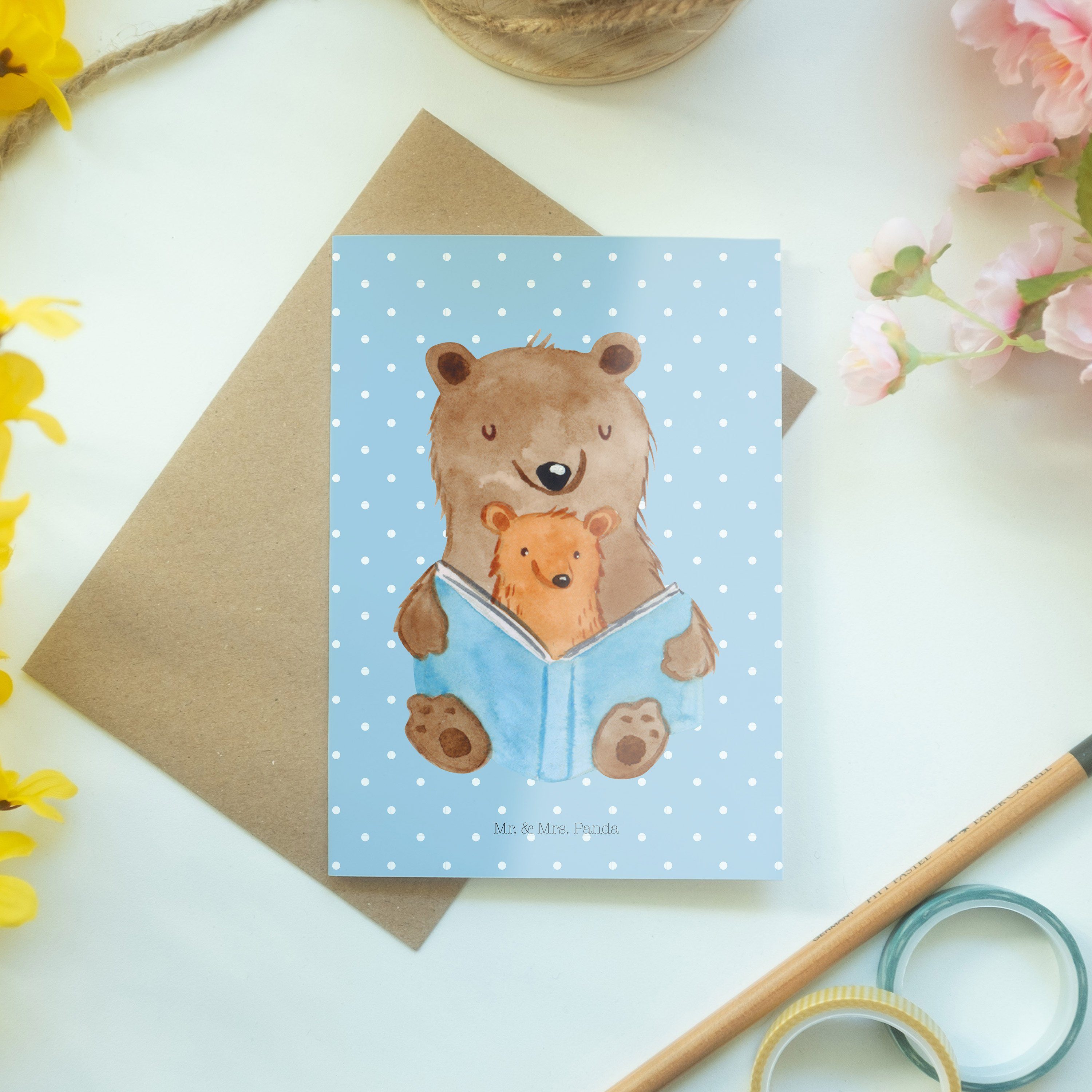 - Grußkarte Buch Blau & Vatertag, - Oma, Einl Bären Großmutter, Pastell Geschenk, Panda Mr. Mrs.