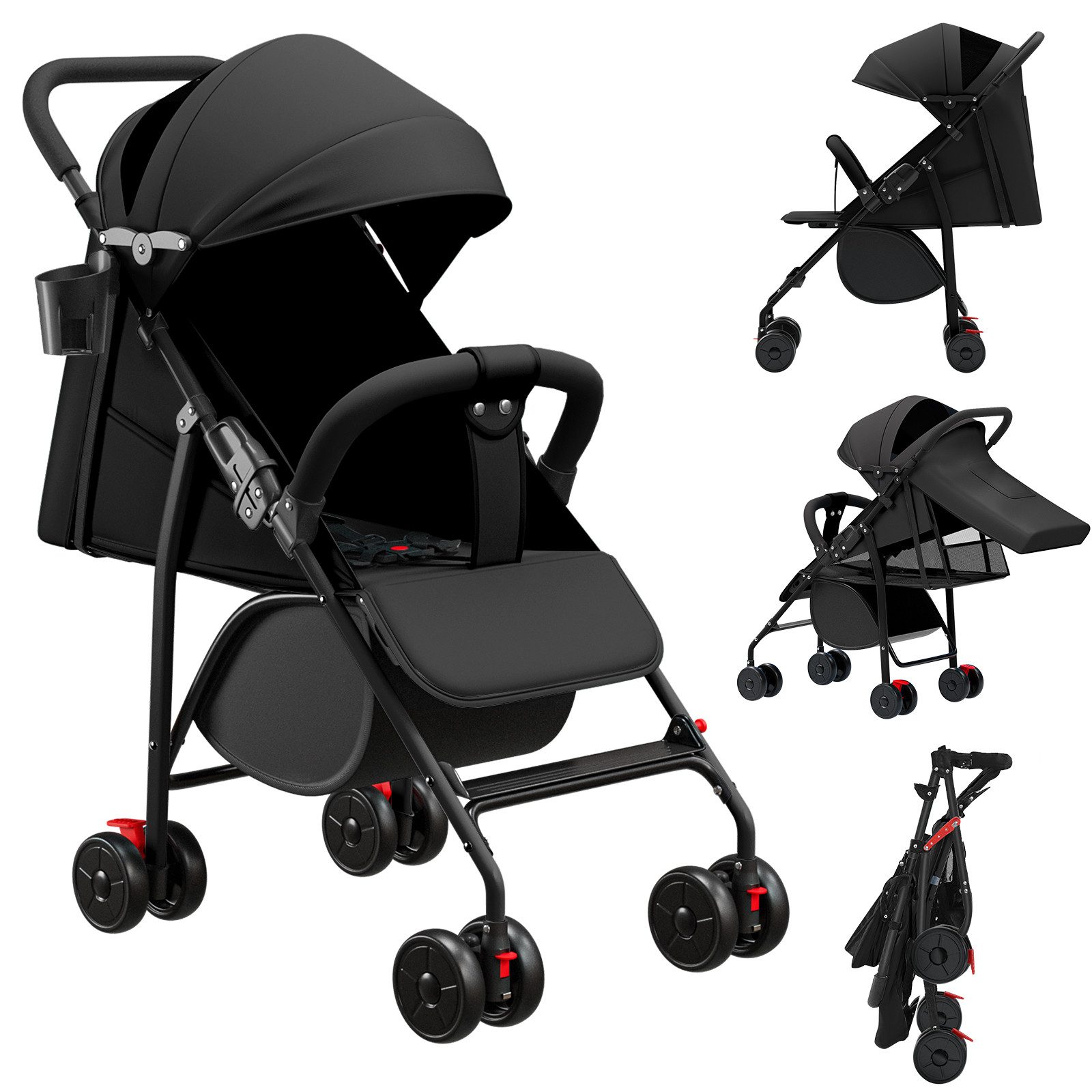 JEOBEST Kinder-Buggy Baby Kinderwagen, 0–3 Jahre, 3 Liegepositionen, flache Liegeposition, Klein Zusammenklappbar, Tasche im Verdeck, XL Korb
