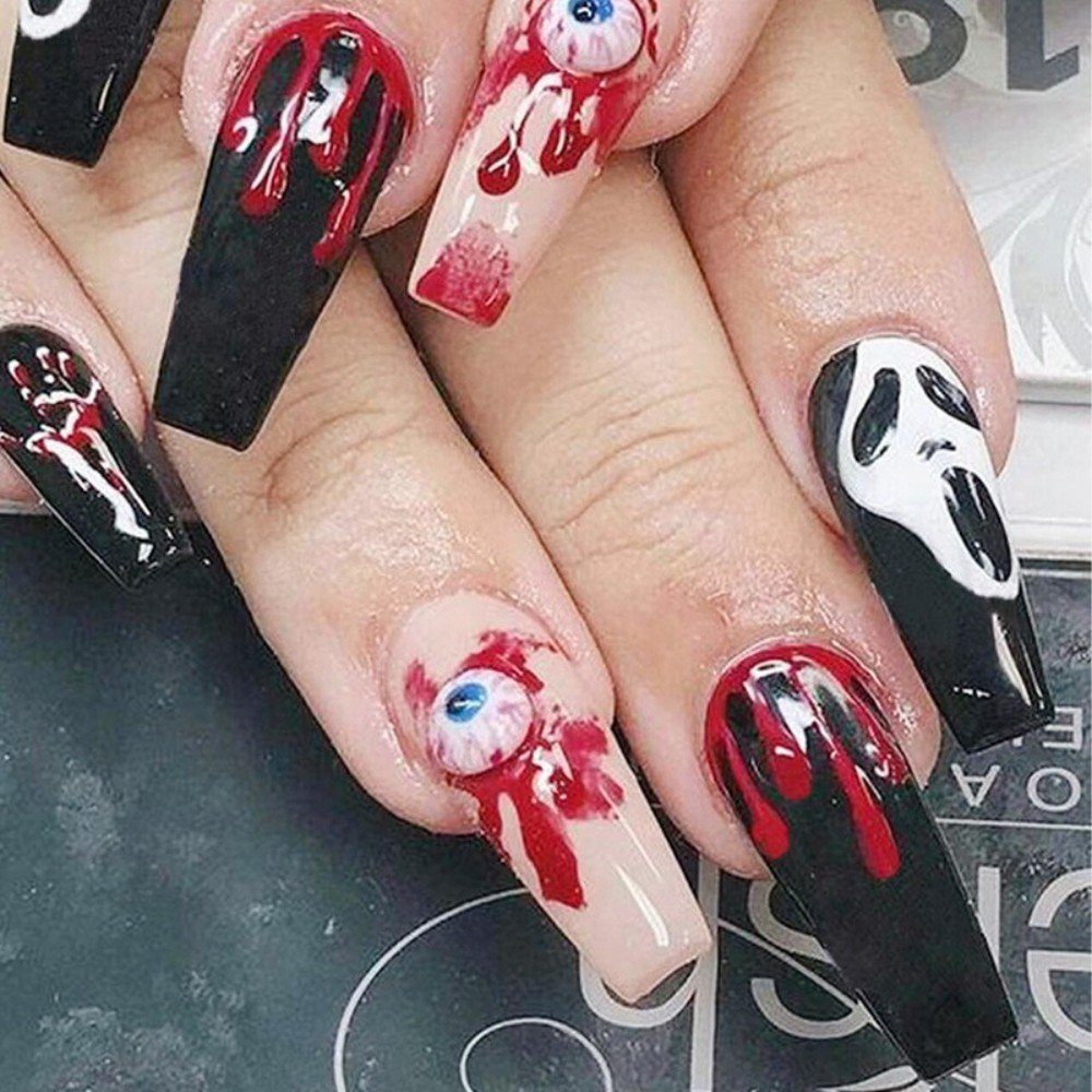 vidaXL Kunstfingernägel Künstliche Nägel 24pcs Halloween Nail Art Stücke Fertige Nägel Blutstropfen