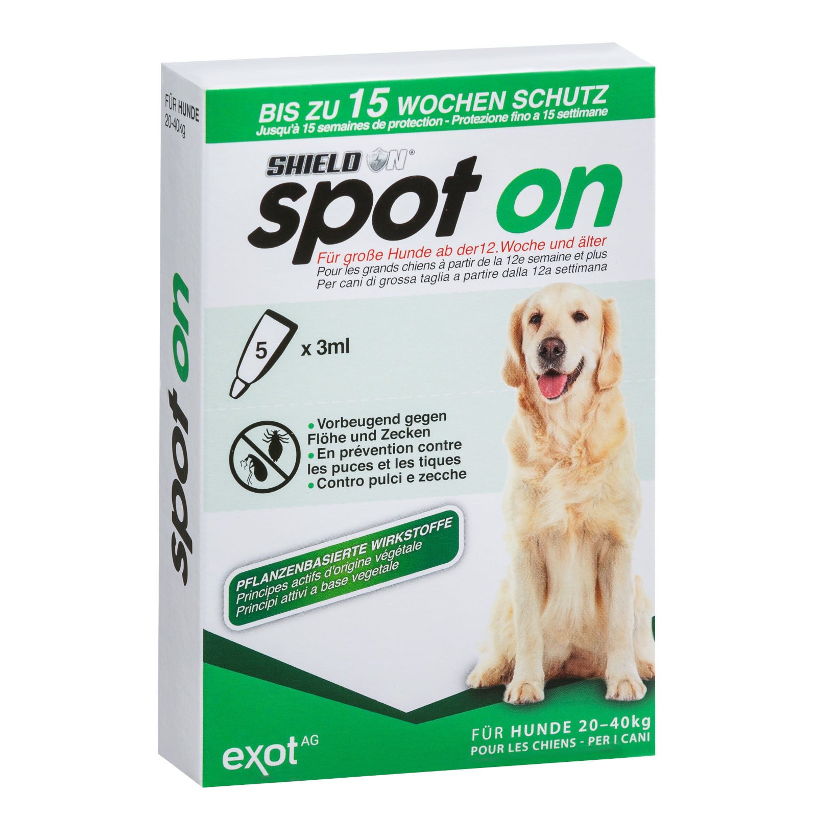 Shield On Zeckenschutzmittel Spot On Floh- und Zeckenschutz für große Hunde - 5 x 3 ml, 15 ml