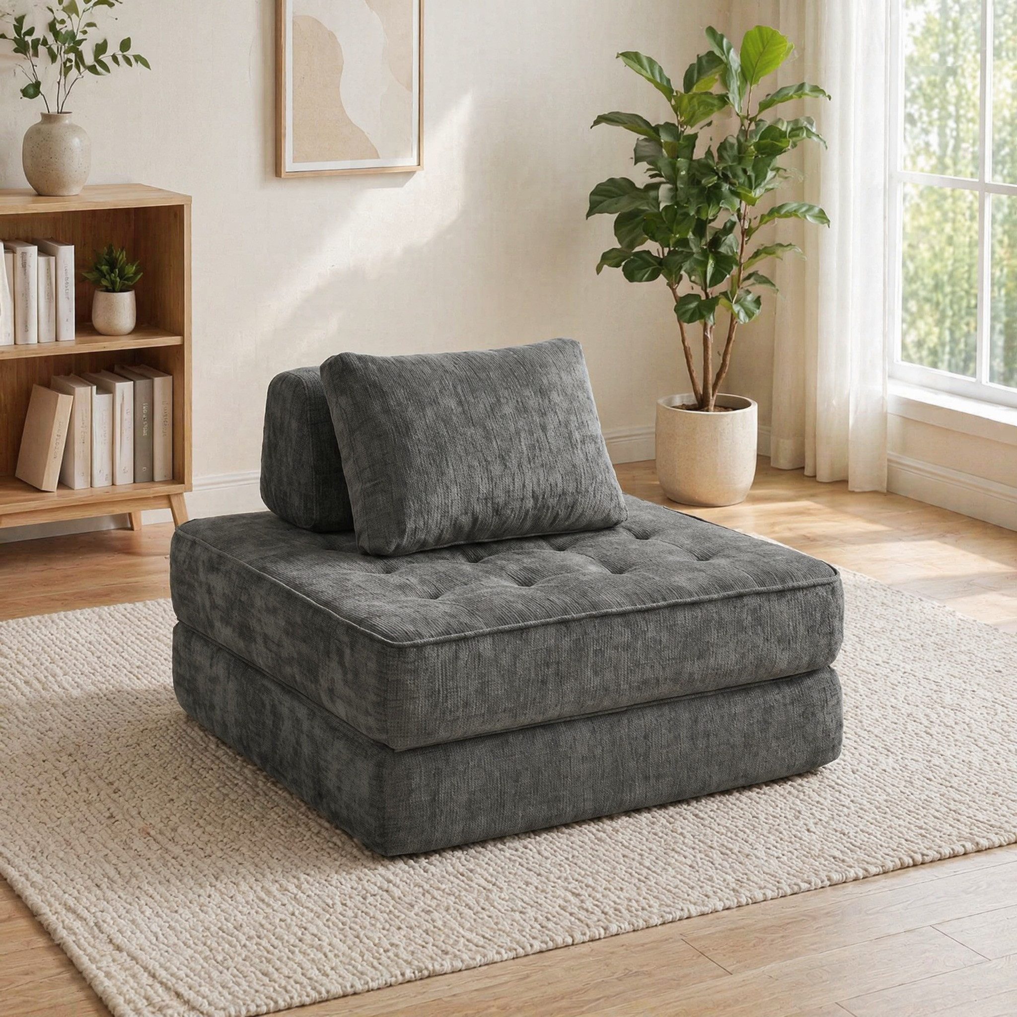MODFU Sessel 2in1 Cloud Schlafsessel Grau Chenille Bodensessel (1-St., Sitzliege für Wohnzimmer, Lesen und Entspannung), Klappbarer Bodenstuhl mit dickem Stützkissen