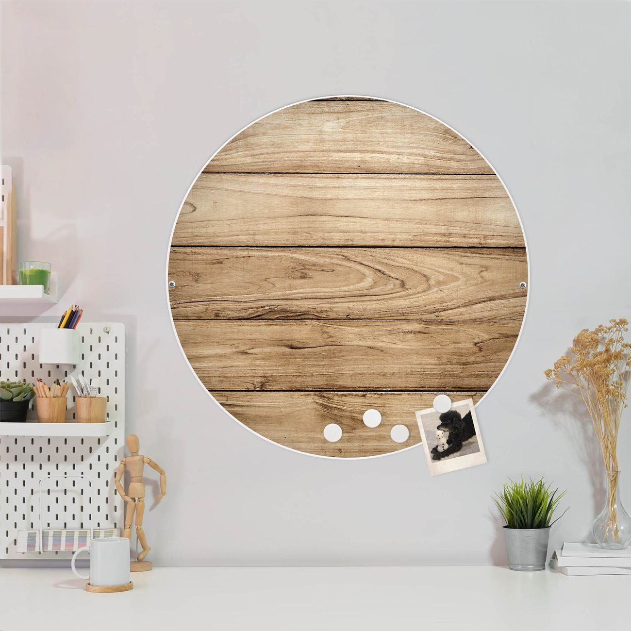 banjado Magnettafel Stahl Rund Holzplanken, (inkl. 4 Magnete, Runde Stahlmagnettafel)