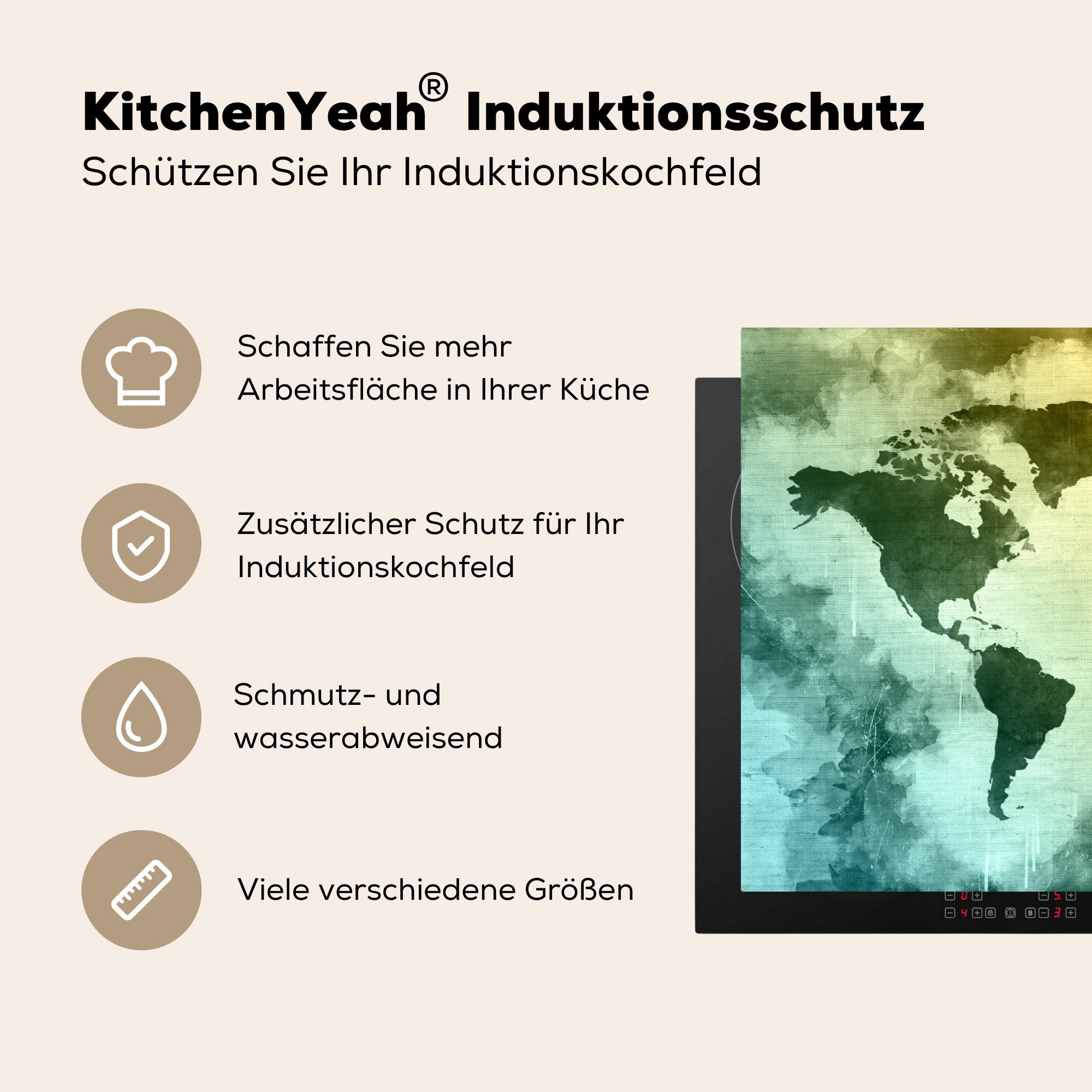 MuchoWow Herdblende-/Abdeckplatte Weltkarte - 81x52 Grün cm, Induktionskochfeld küche, Ceranfeldabdeckung Vinyl, tlg), Blau, (1 Schutz die - für
