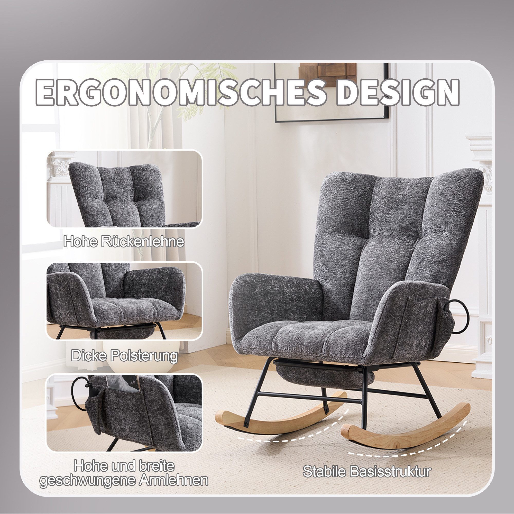 Vankel Schaukelstuhl Relaxsessel Chenille mit Fußstütze, Schaukelfunktion & Stauraum, Bequemer Schaukelstuhl mit Luftkissen-Rückenlehne für Wohnzimmer