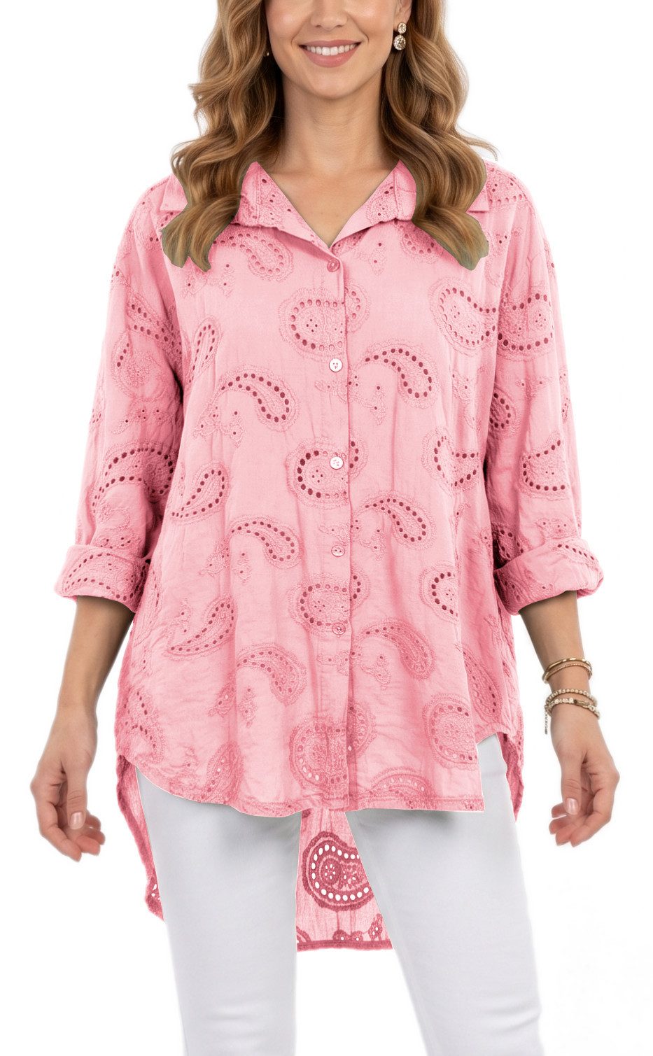 dy_mode Longbluse Damen Longbluse Oversize Tunika Boho Baumwollbluse Sommerbluse in Unifarbe, mit Paisley Lochstickerei, in Vokuhila-Schnitt