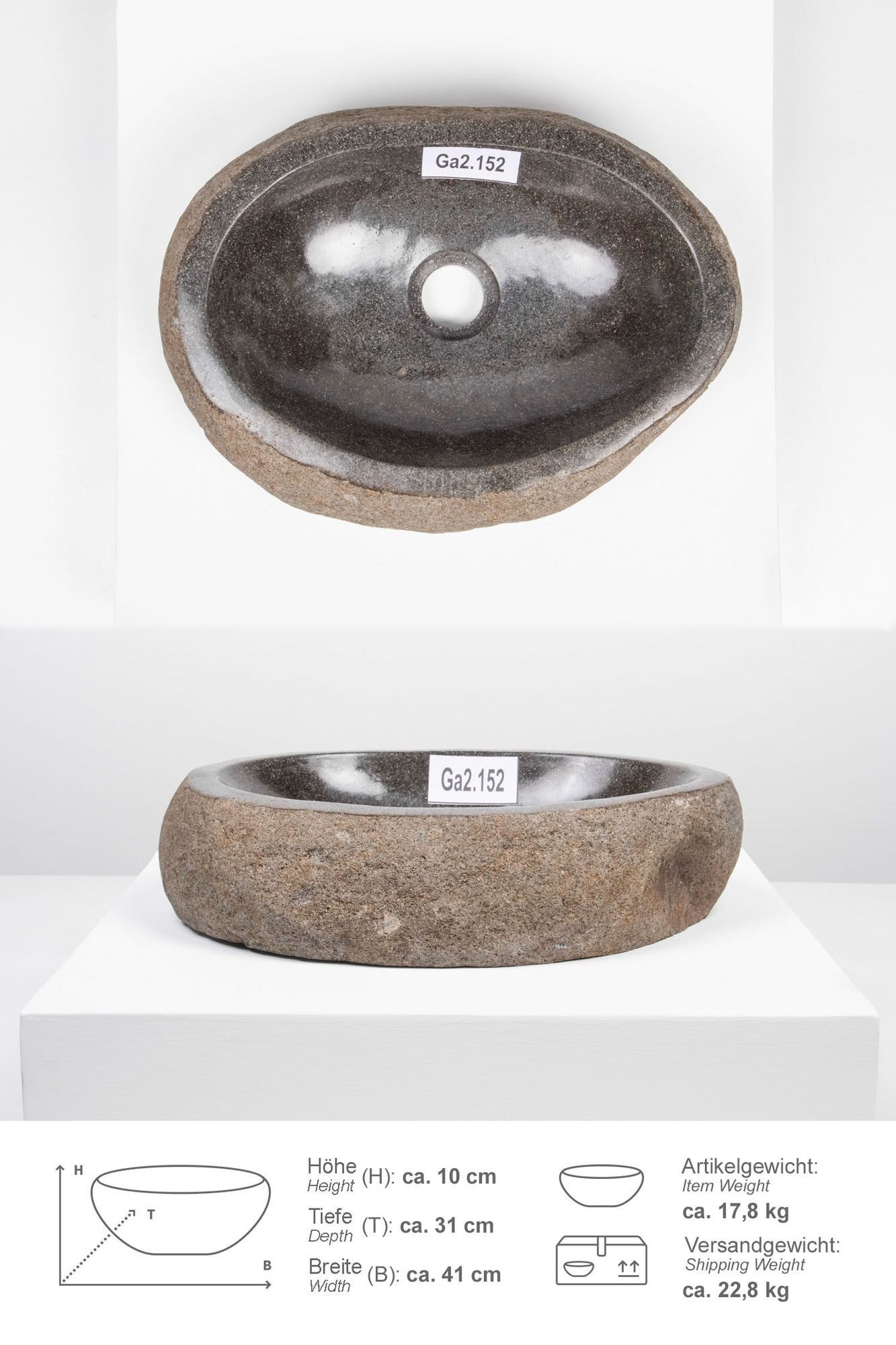 wohnfreuden Aufsatzwaschbecken Naturstein Раковини WAVE 40 cm (Kein Set), 14451_Ga2.152