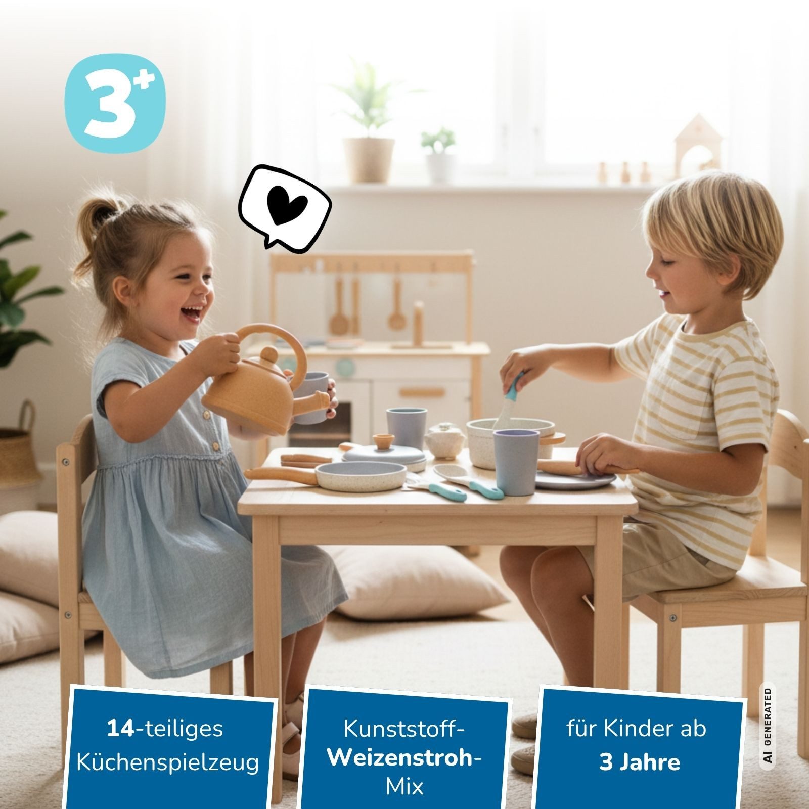 alldoro Spiel-Kochgeschirr Kinderküchen-Zubehör, Koch- und Geschirrset, 14-teilig für Kinder ab 3, Küchenspielzeug-Set mit Töpfen, Pfanne, Geschirr und Küchenhelfern