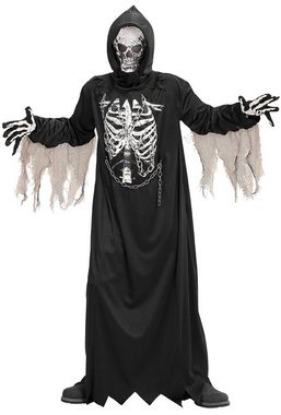 Karneval-Klamotten Kostüm Sensenmann Kinder Totenkopf Skelett mit Sense, Halloween Kapuzenumhang mit Skelett Aufdruck Kapuzenmaske und Sense