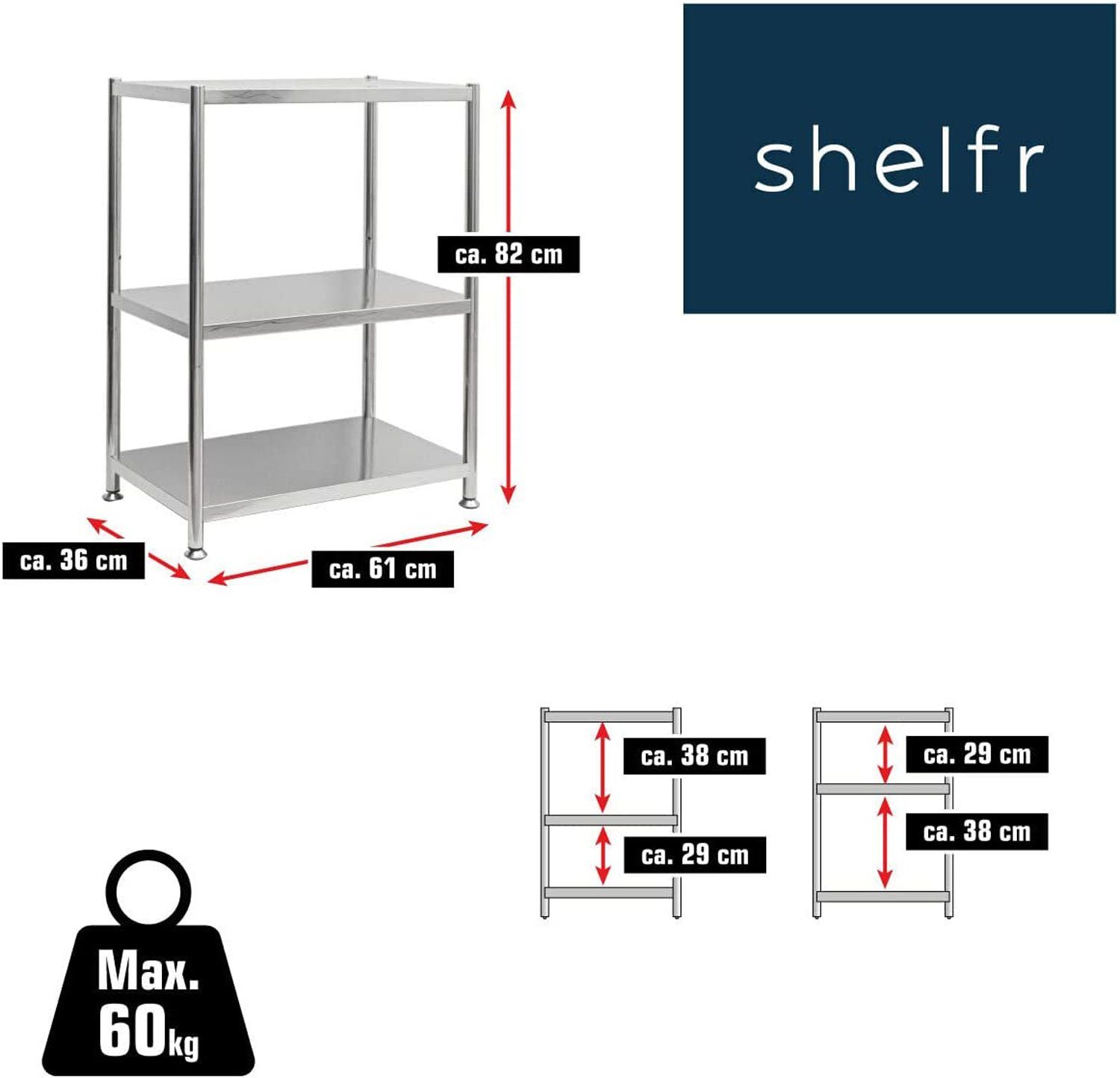 61x36x82 Regal Metallregal Regal 3 Edelstahl shelfr Ebenen Schwerlastregal, Standregal