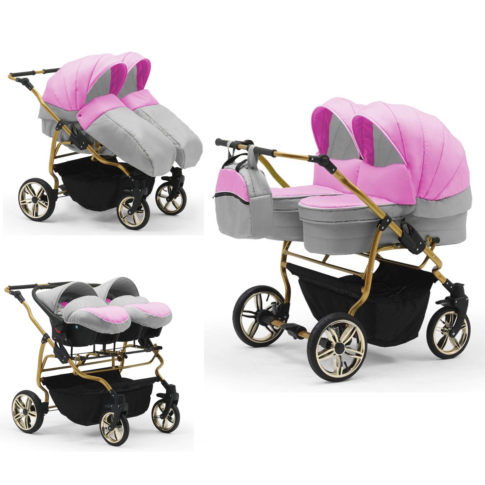 babies-on-wheels Zwillingswagen Duet Lux Gold 3 in 1 inkl. Autositze - 13 Teile - in 33 Farben Rosa-Grau