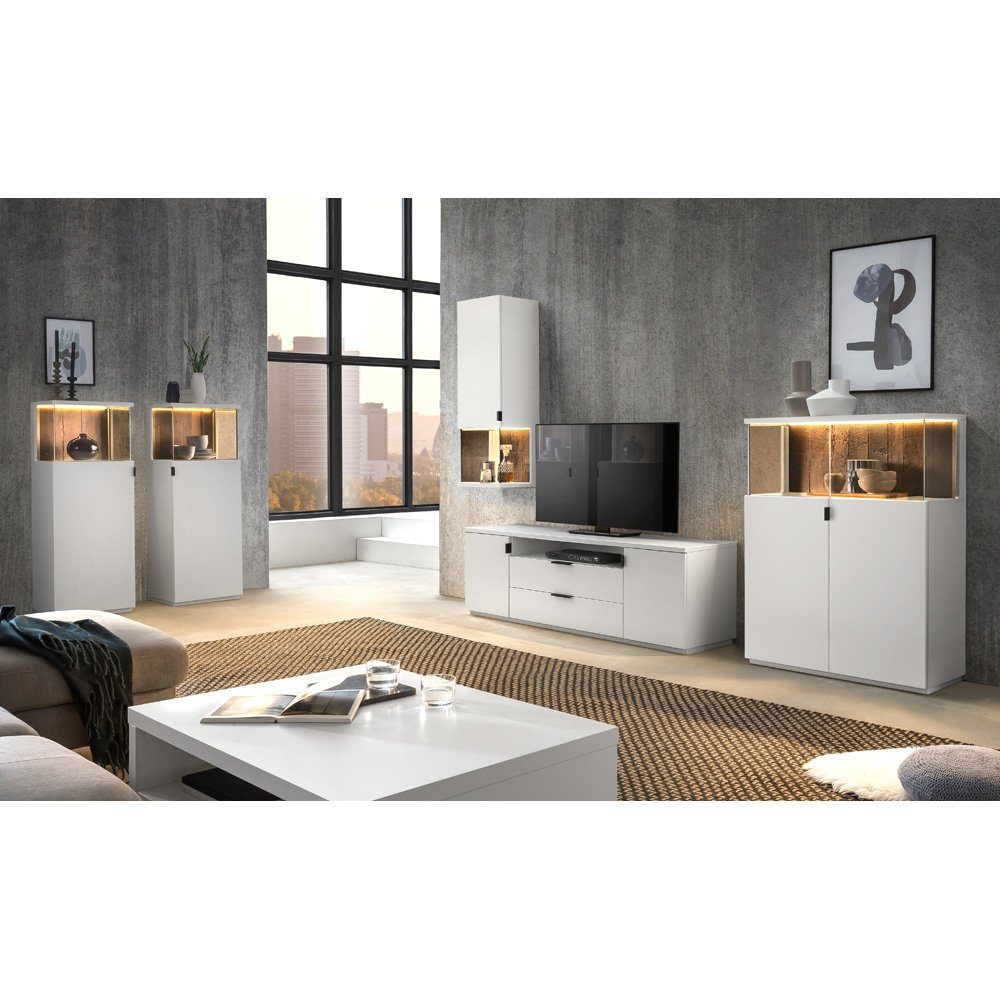 Lomadox TV-Wand MODESTO-52, (6-tlg), mit Couchtisch Highboard, Vitrinen  inkl. LED Beleuchtung 291/200/45 cm
