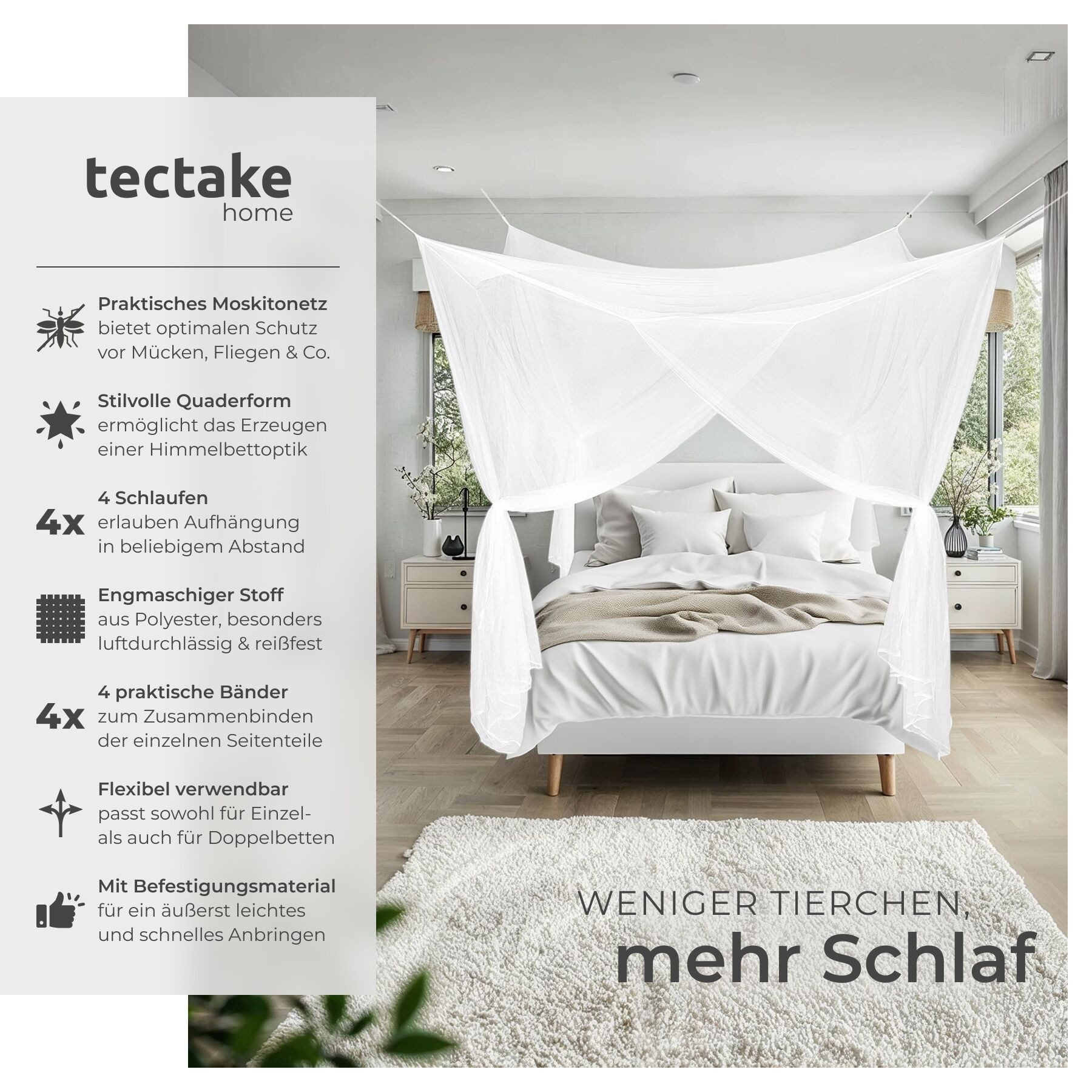 tectake Moskitonetz Fliegennetz für Einzel- und Doppelbetten, für Einzel- u günstig online kaufen