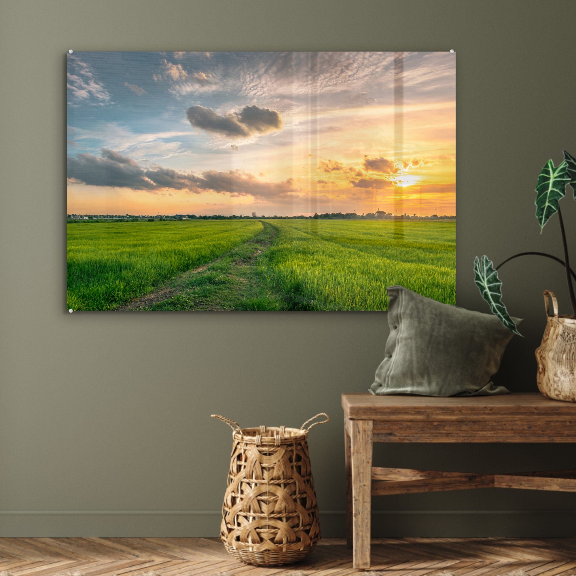 Gras MuchoWow Wohnzimmer Sonne, Acrylglasbilder - - Acrylglasbild & Himmel St), (1 Schlafzimmer