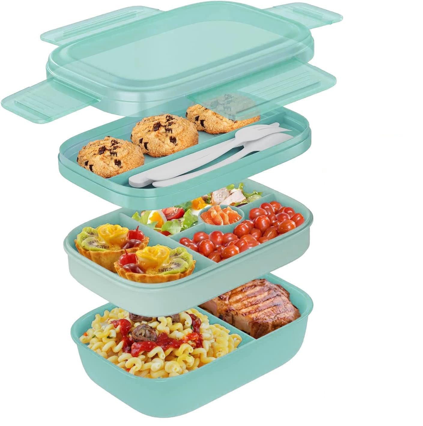 AURIVION Lunchbox Bento Lunchbox 1900ml mit Fächern & Besteck für Kinder & Erwachsene, Silikon, (Set, 4-tlg., 3-Schichten Brotdose mit Obstfach, auslaufsichere Salatbox), Lunchbox mit Cutlery, ideal für Schule, Arbeit & Reisen