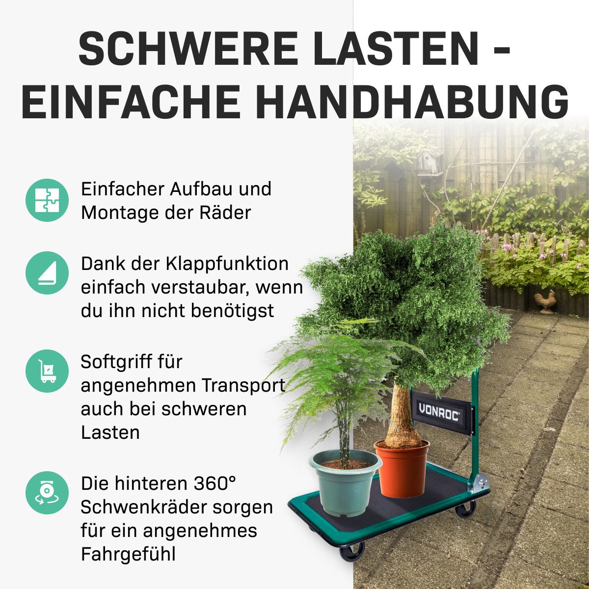 VONROC Transportwagen Plattformwagen klappbar, (150kg - 360° drehbare Gummi-Räder), Rollwagen mit Griff und Antirutsch Oberfläche