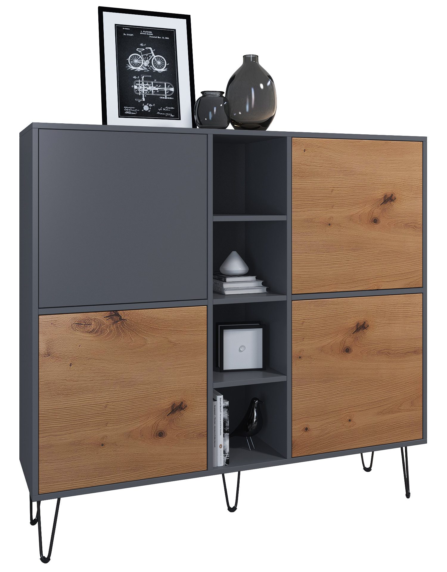 Vladon Highboard Havana V3 (Sideboard mit 4 Türen und 4 offene Fächer, Kommode Made in Germany), Anthrazit matt / Eiche Evoke (130,5 x 124 x 35 cm)