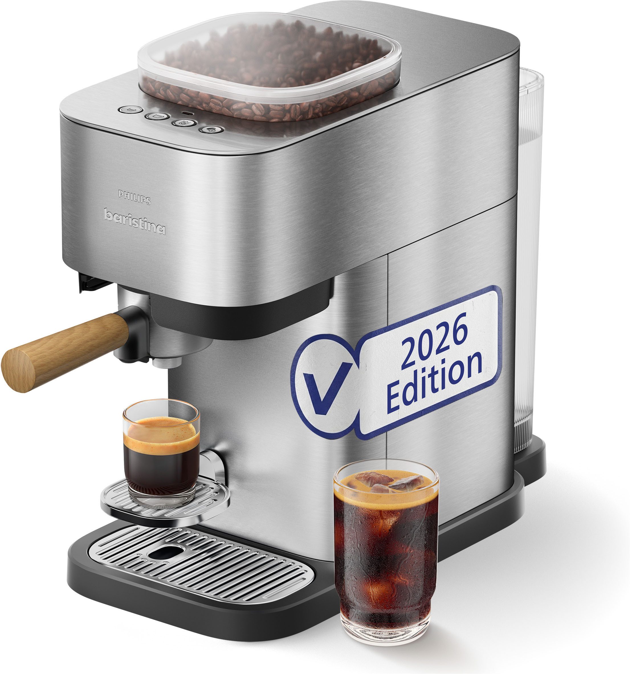 PHILIPS baristina Espressomaschine Plus in Edelstahl BAR500/00 mit Mahlwerk für ganze Bohnen, Iced Coffee Funktion, 16 bar Pumpendruck, Edelstahl/Eschenholz