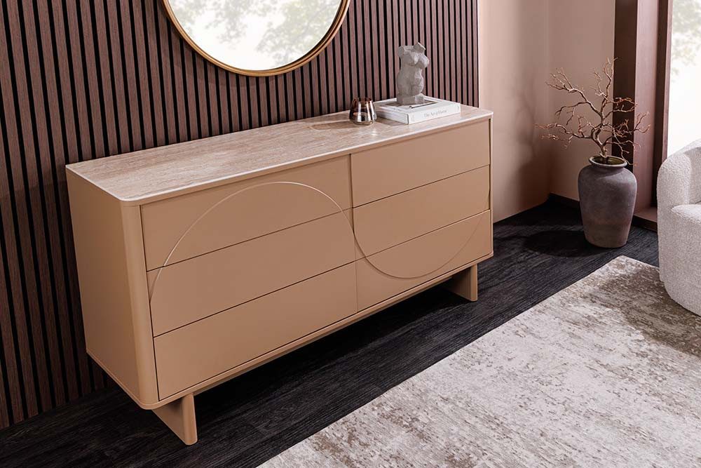 riess-ambiente Sideboard SAVOY 150cm grau/beige/greige - Keramik, Travertin, Schubladen, retro (Einzelartikel, 1 St), moderne Kommode - ideal für Flur, Esszimmer, Wohnzimmer & Schlafzimmer