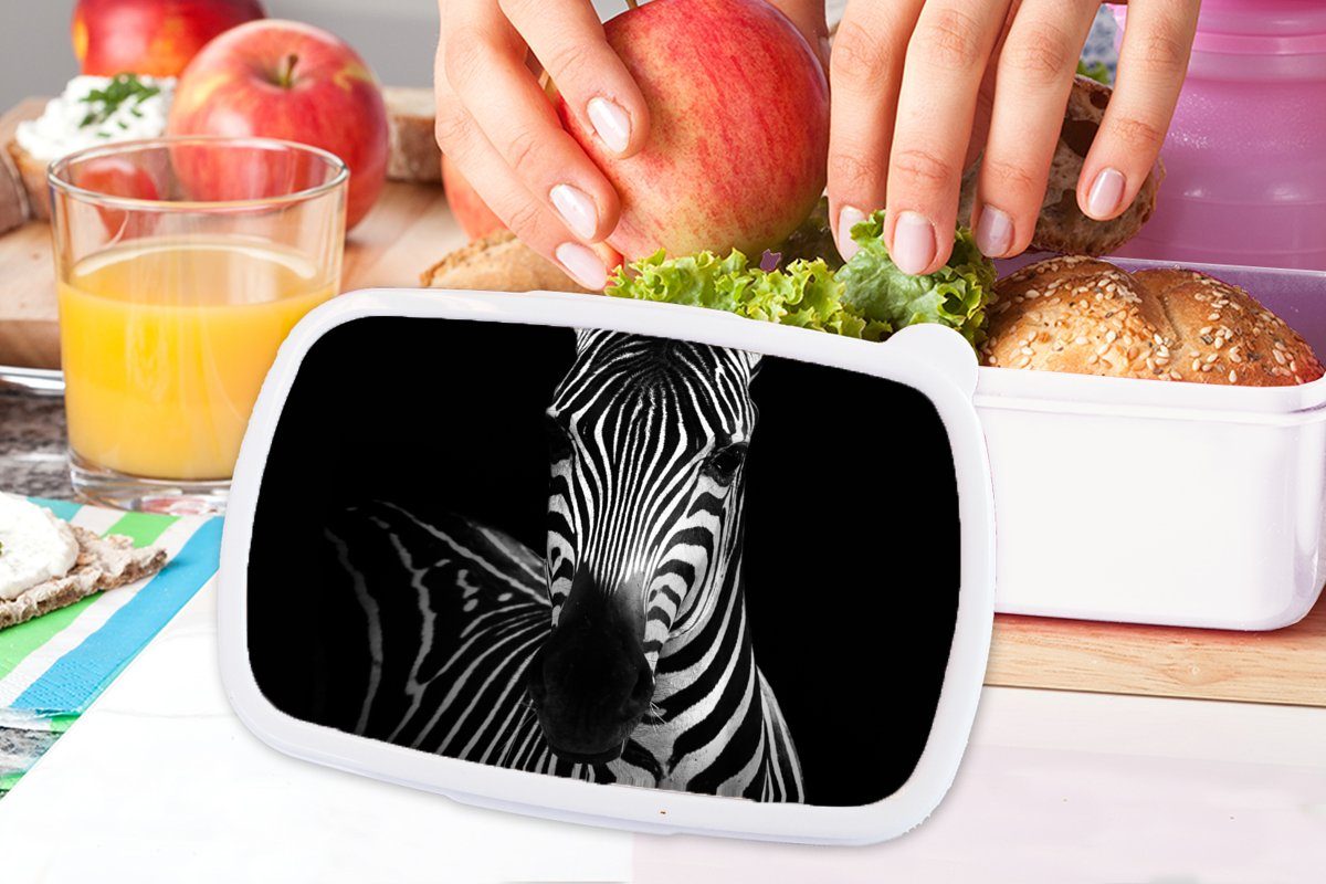 - Brotdose, Kunststoff, und Erwachsene, und Tiere, - Lunchbox für (2-tlg), Brotbox Schwarz Kinder - Jungs MuchoWow für Zebra Weiß Mädchen