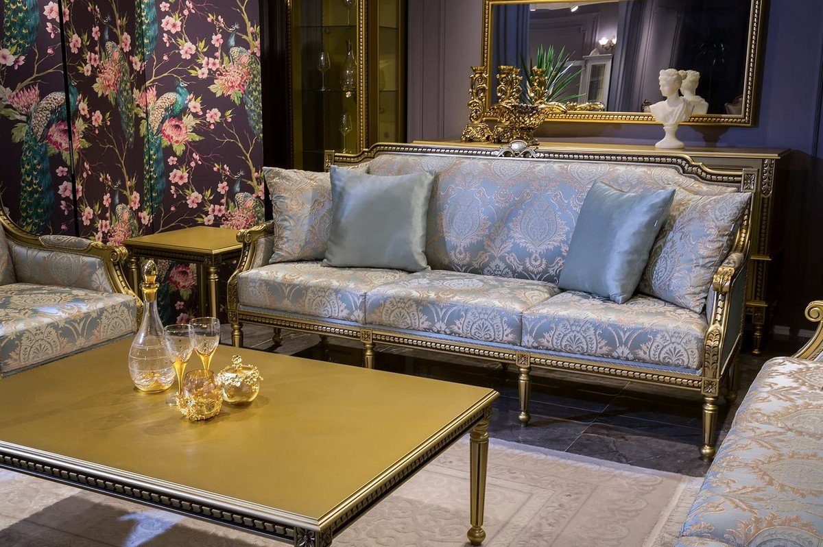 Casa Padrino Sofa Luxus Barock Sofa Hellblau / Gold 206 x 72 x H. 103 cm - Wohnzimmer Sofa mit elegantem Muster und dekorativen Kissen - Barock Wohnzimmer Möbel