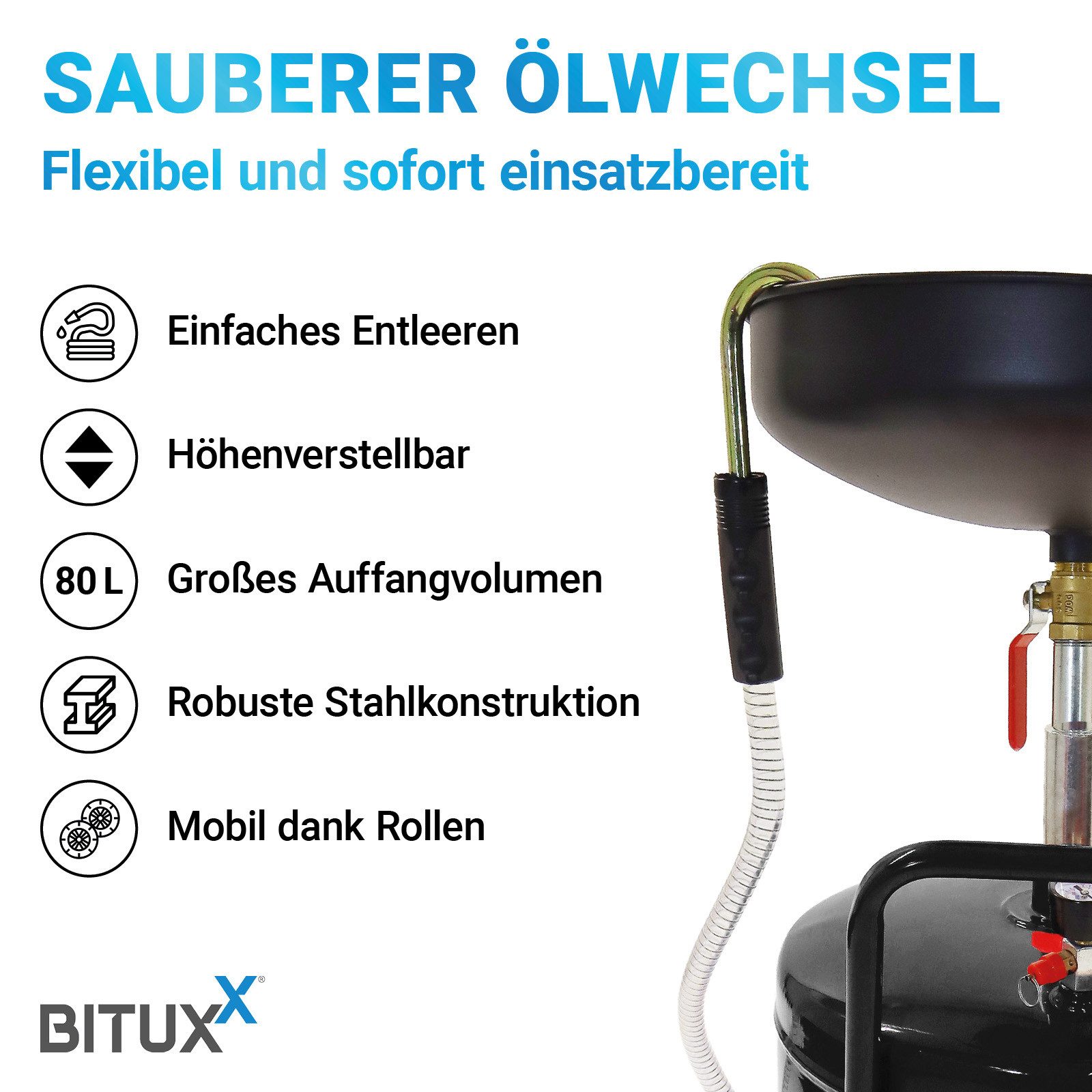 Bituxx Ölauffangwanne 80L 47x44x100-160cm mit Druckluftanschluss Schwarz, 80 l, (MS-19651) – Bild 2 von 5