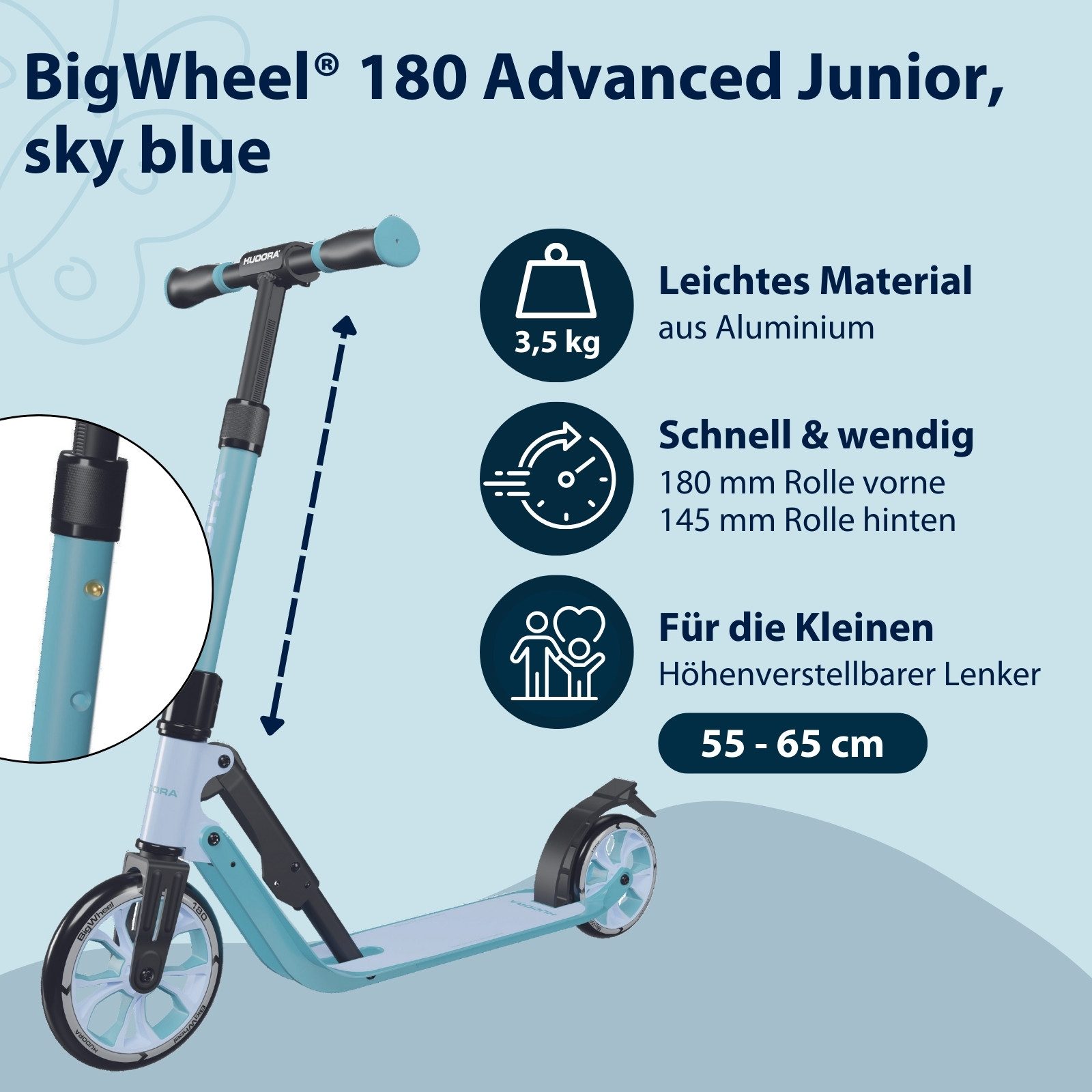 Hudora Tretroller BigWheel® 180 Advanced Junior, zusammenklappbarer, höhenverstellbar, bis 60 kg