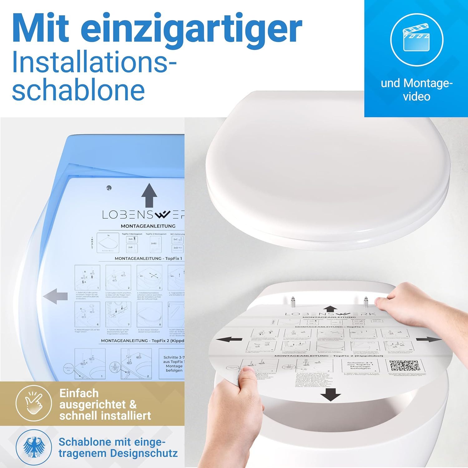 Lobenswerk WC-Sitz Toilettendeckel mit Absenkautomatik, Klodeckel, Klobrille, SoftClose, antibakteriell, UV-beständig, inkl. Installationsschablone