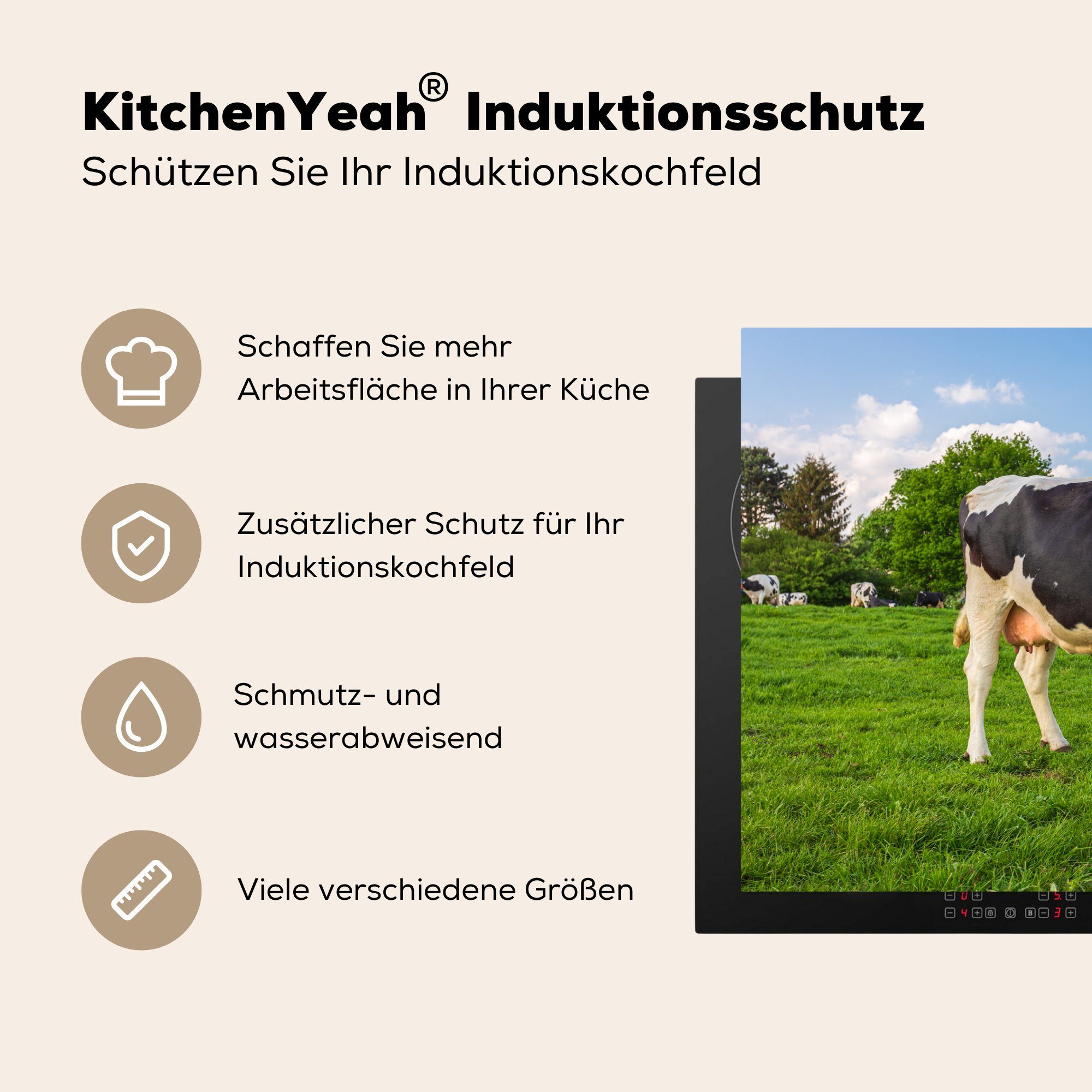 MuchoWow Herdblende-/Abdeckplatte Kuh - küche, Schutz Vinyl, die (1 Tiere, Induktionskochfeld cm, für 81x52 Ceranfeldabdeckung Gras tlg), 