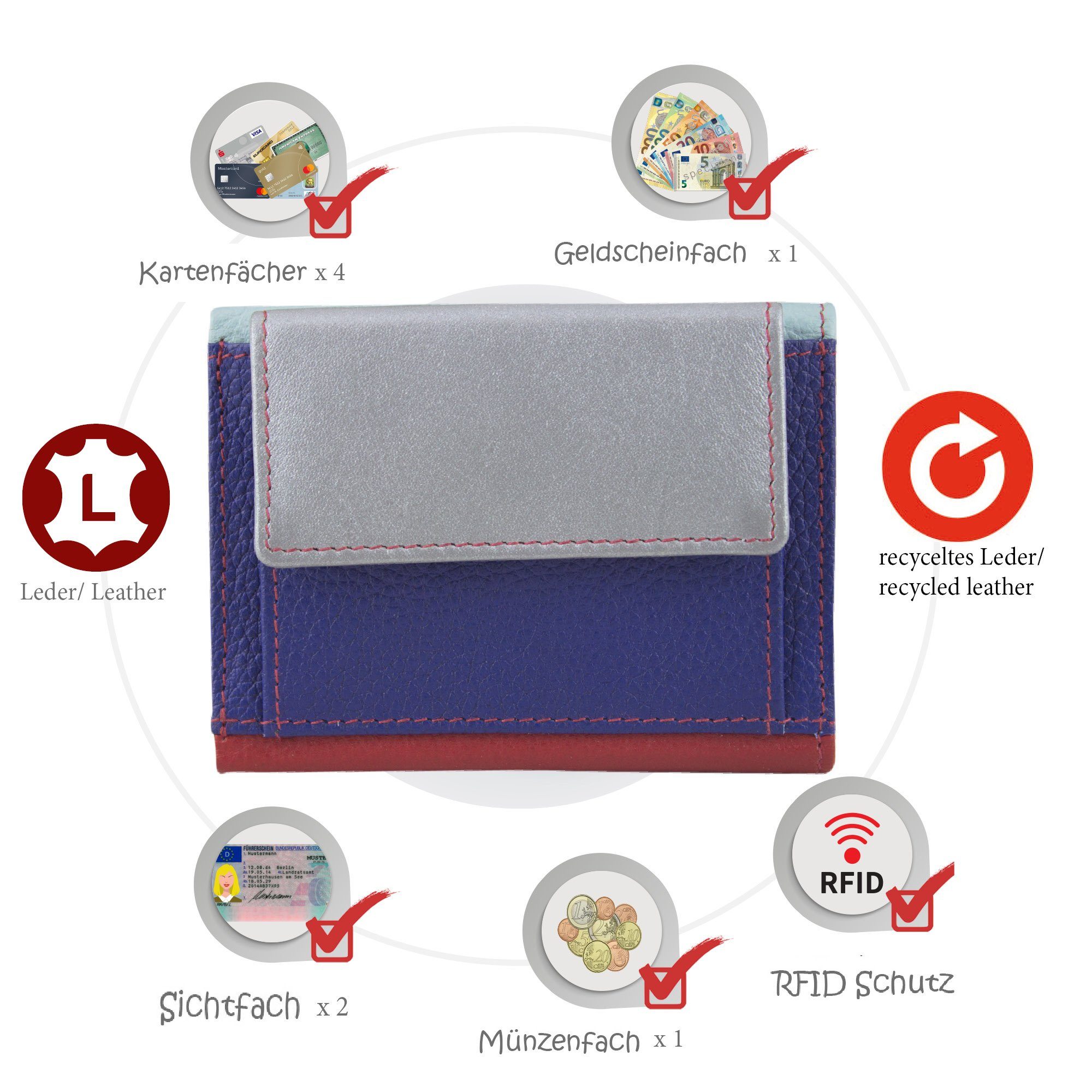 Geldbörse Brieftasche, klein recycelten Unisex RFID-Schutz, aus Leder Geldbörse echt mit Portemonnaie Mini blau/silber/rot Mini Sunsa Leder, Geldbeutel Lederresten,