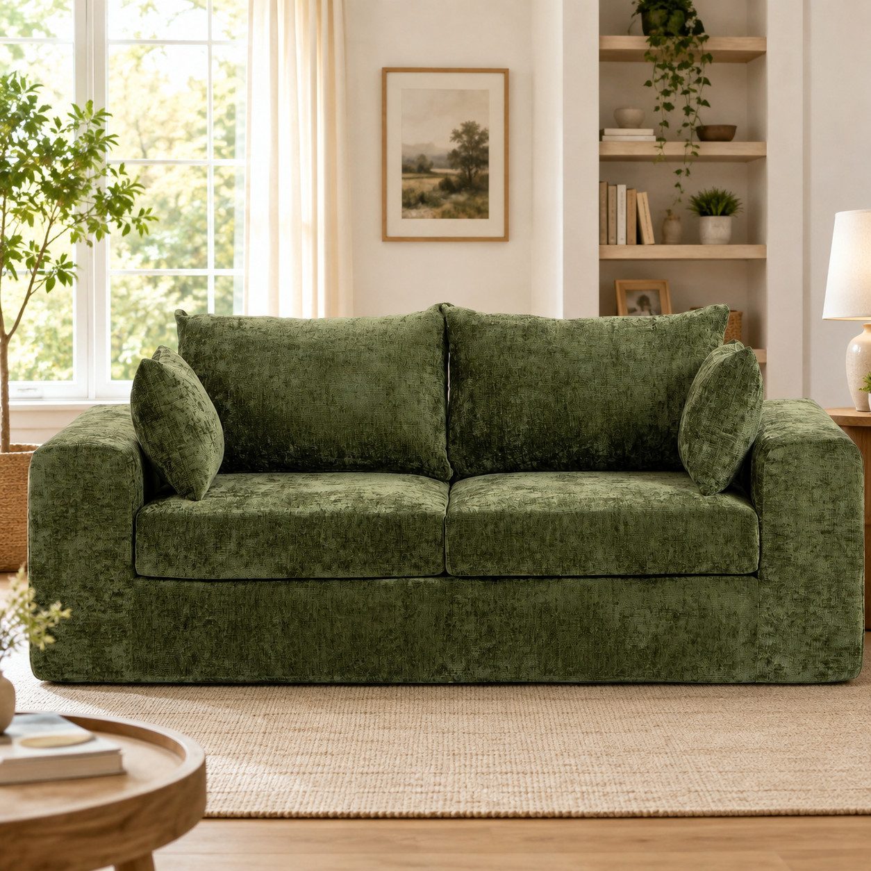 Orvane Schlafsofa 2-Sitzer Sofa 210 cm, Chenille, montagefrei, mit Kissen, Wohnzimmer, Chenille-Bezug, Schaumstoffpolsterung, montagefrei, vakuumkomprimiert