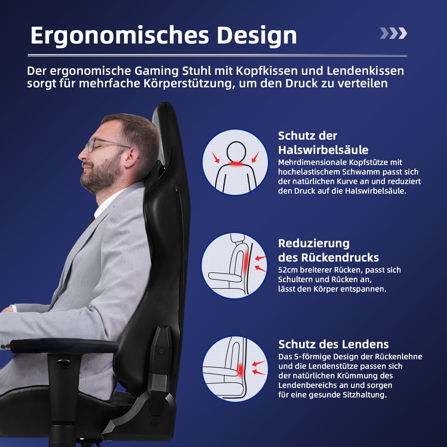 Hiazurm Gaming-Stuhl Gaming Stuhl, Bürostuhl Ergonomisch Wippfunktion bis zu 170° (Gaming Chair mit gepolsterten Armlehnen, 10 cm Höhenverstellung), Verstellbar – Bild 3 von 5