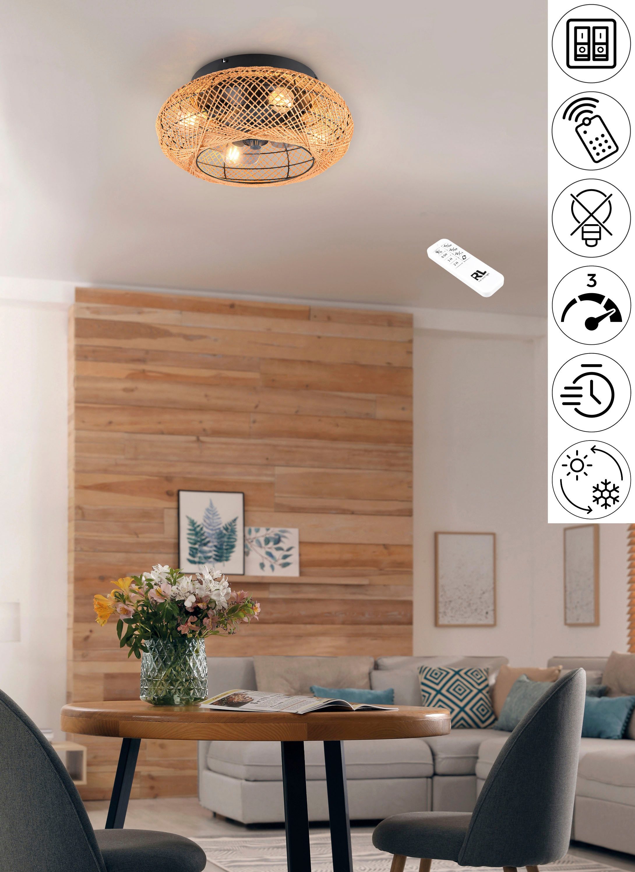 Reality Leuchten Deckenleuchte LILLESAND Deckenventilator mit Beleuchtung Fernbedienung Timer 3Stufen, Timerfunktion, Ventilatorfunktion, Leuchtmittel wechselbar, ohne Leuchtmittel, warmweiß - kaltweiß, Deckenventilator exkl. 4xE27 Leuchtmittel, Sommer- & Winterfunktion