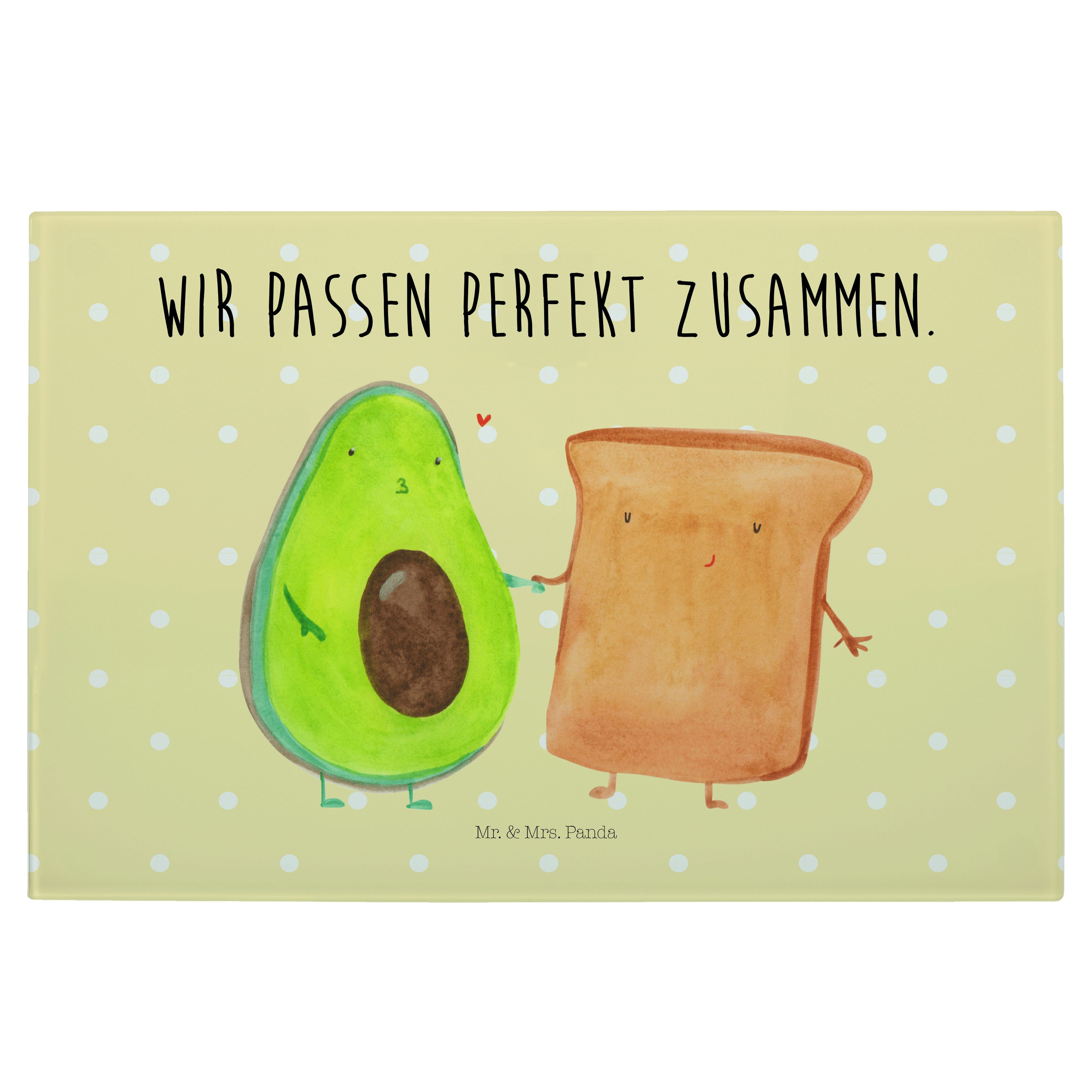 Mr. & Mrs. Panda Servierbrett Avocado + Toast - Gelb Pastell - Geschenk, Vegan, Pärchen, Glasschnei, Premium Glas, (1-St)