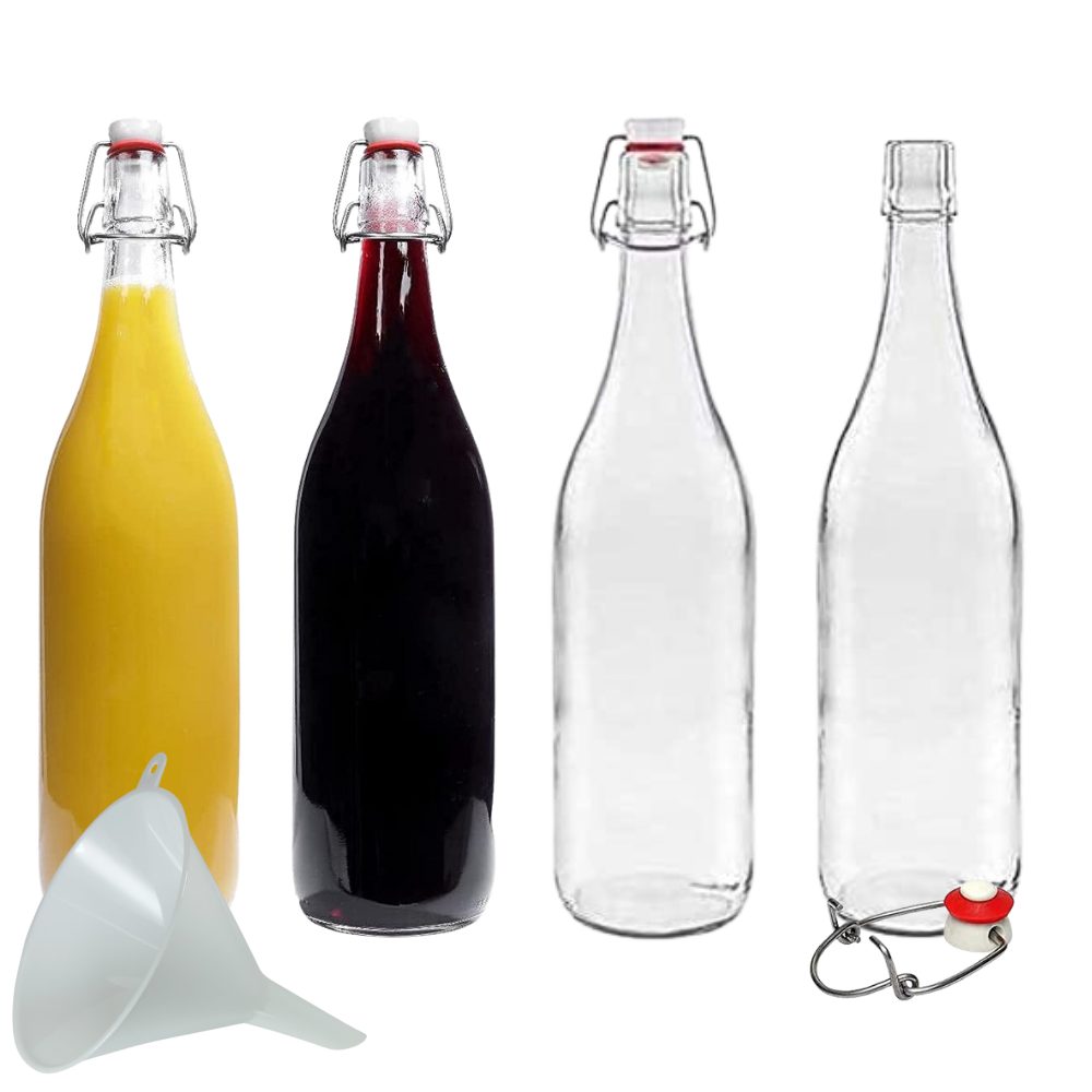 mikken Trinkflasche 4er Set Glasflasche 1 Liter mit Bügelverschluss mit Trichter, Inhalt 1000 ml Bügelverschluss aus Porzellan inklusive Einfülltrichter