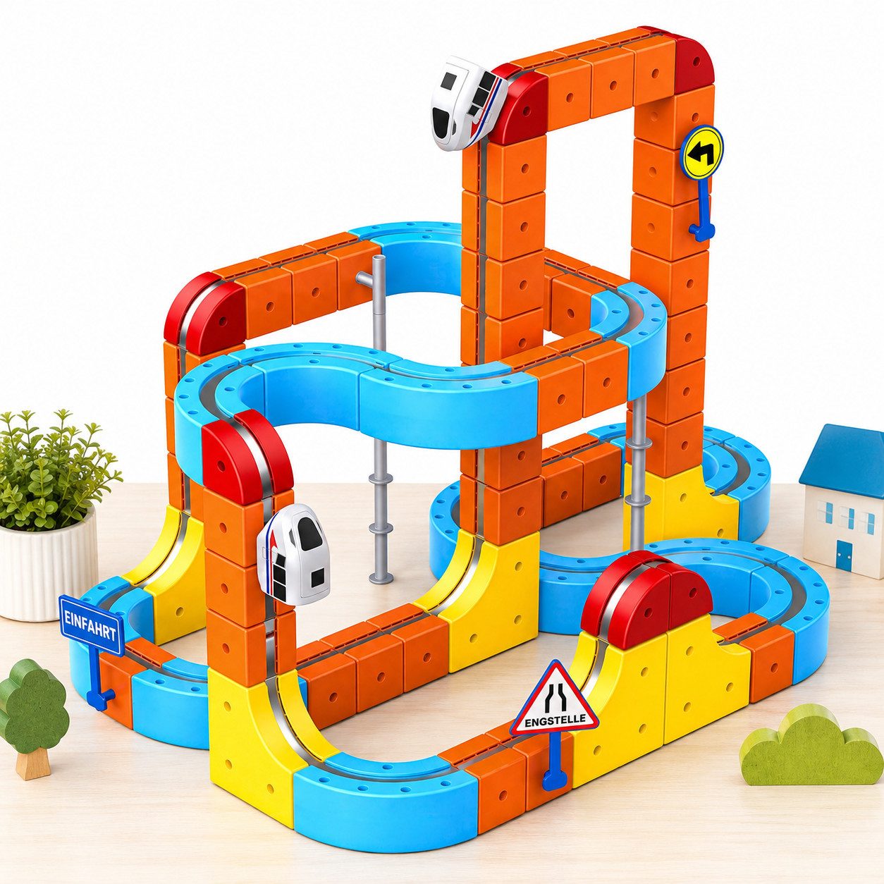 Wootoy Spielzeug-Eisenbahn Autorennbahn Lernspielzeug Zugbahn-Set Spielzeug-Zug mit USB-aufladbar, (mit Anti-Gravity-Technologie Saugnapf-Befestigung, 80-tlg., fördert Kreativität, logisches Denken und praktische Fähigkeiten), 3D-Streckensystem für Brücke
