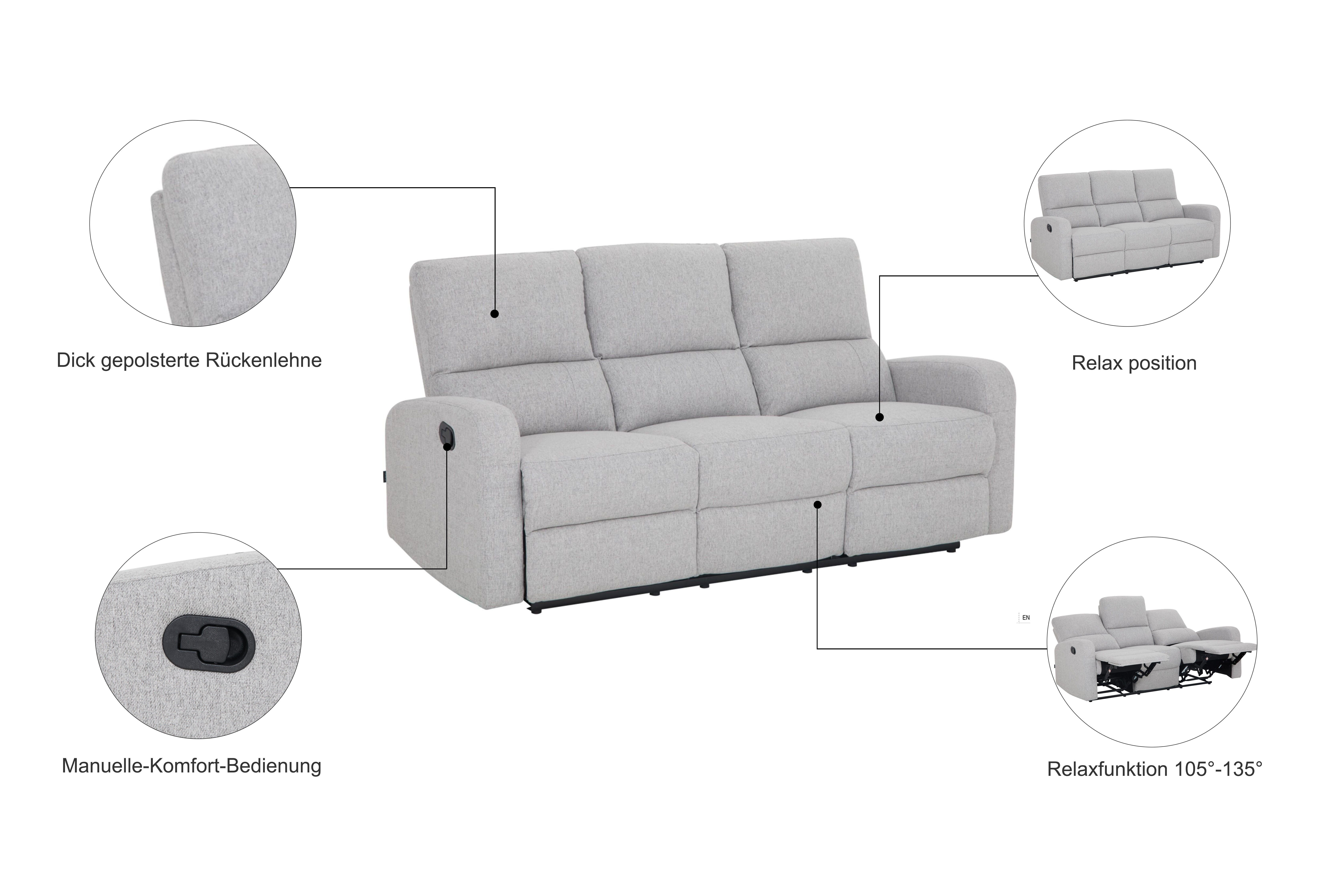 Home affaire 3-Sitzer TOURNAY manuelle Relaxfunktion, Liegefunktion (105°-135), Webstoff, Reclinerfunktion in 2 Sitzen (links u. rechts) – Bild 3 von 5