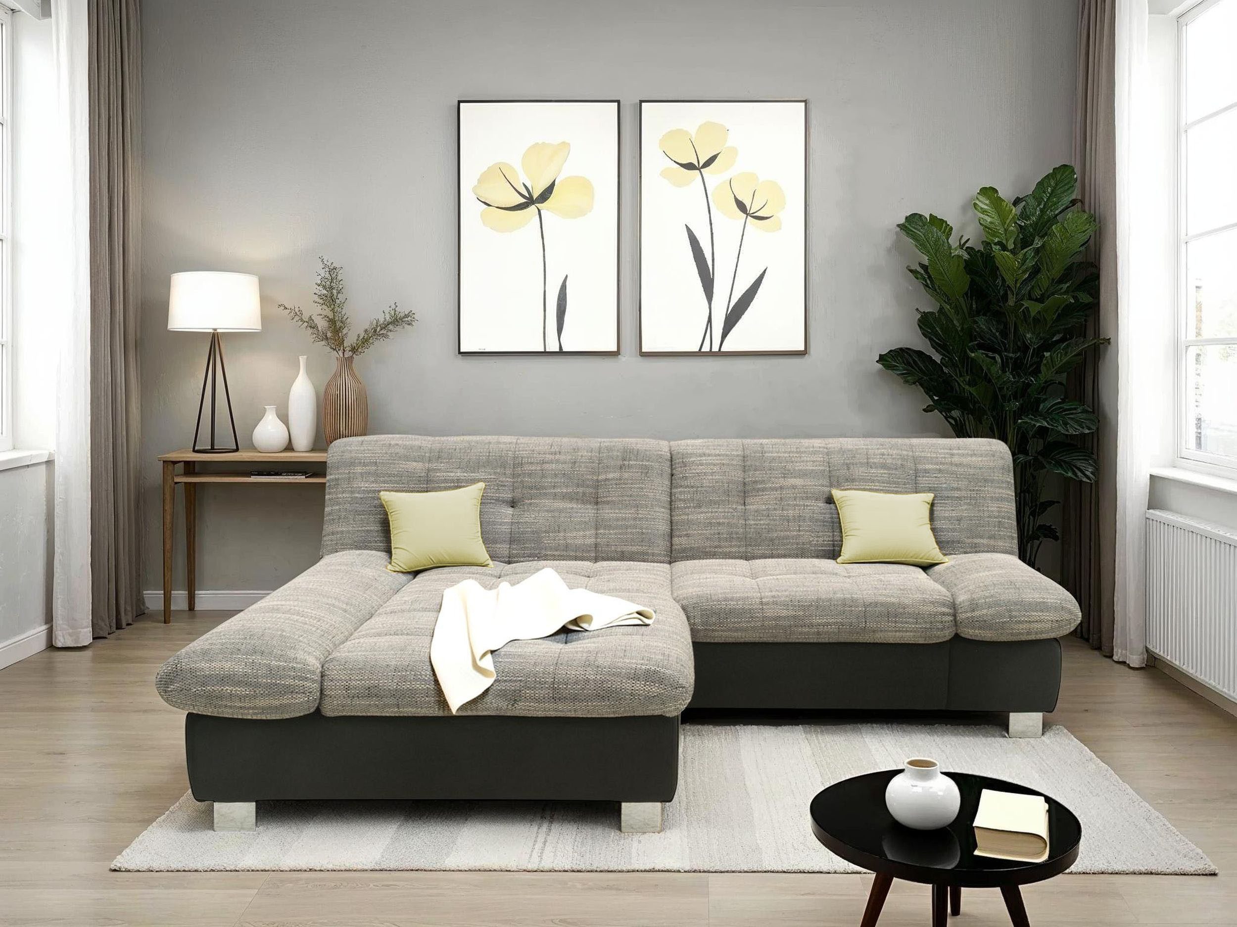 DOMO collection Ecksofa 100031 kompakte Stellmaße, komfortabel und bequem, L-Form, wahlweise mit Bettfunktion und Armteilverstellung. Breite 234 cm