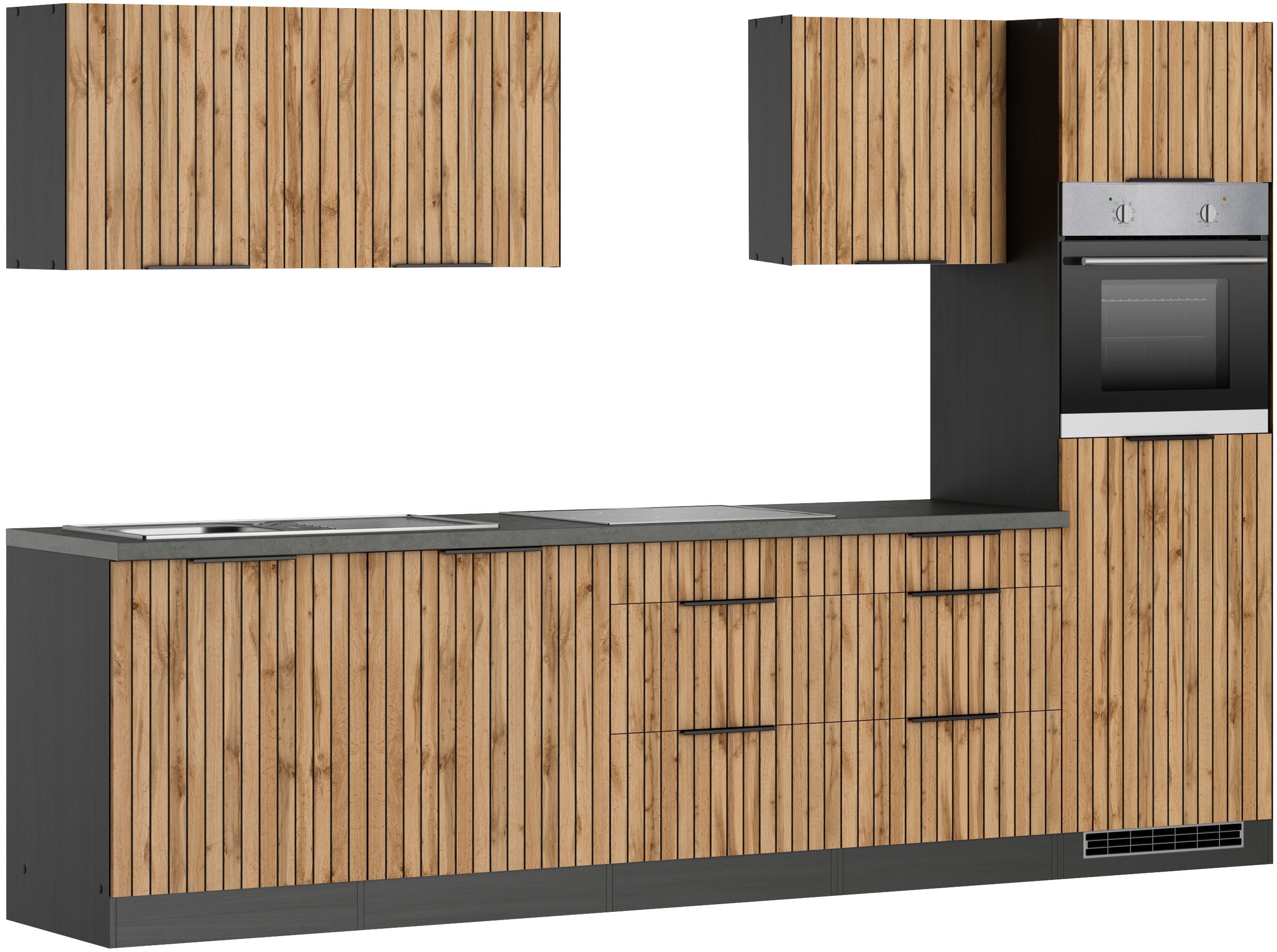 COOKING STATION Kitchen unit KS-Lagos, width 300 cm, optionally with electrical appliances, ceramic or induction hob, sink in stainless steel or black