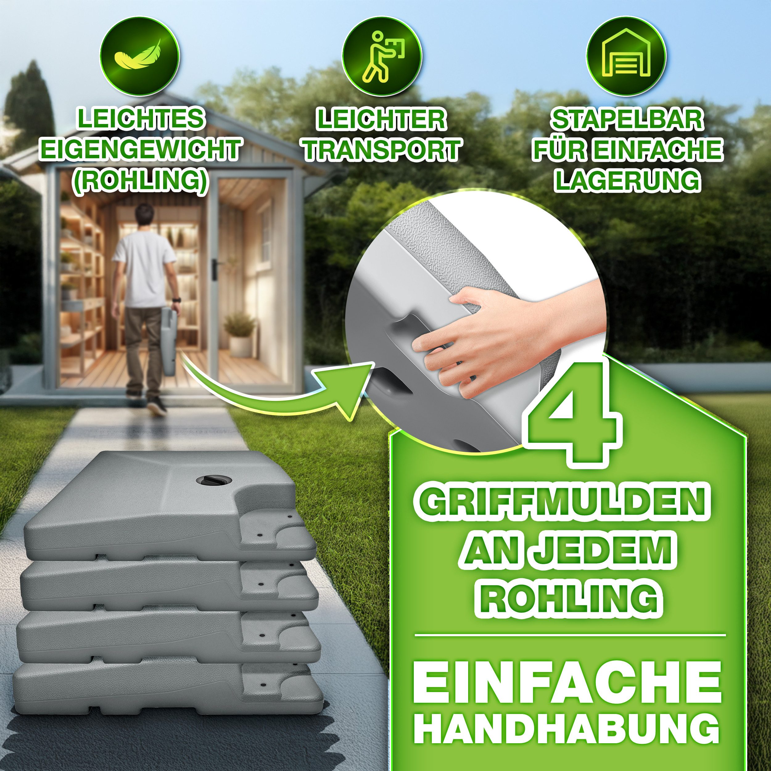 tillvex Sonnenschirm tillvex® Sonnenschirmständer 90L / 120kg Schirmständer Schirmgewicht, Schirmständer Ampelschirmständer wetterfest, inkl. Metallverbinder Schirmgewicht befüllbar, Sonnenschirmständer 90 Liter / 120 kg – 4-teilig für Ampelschirm