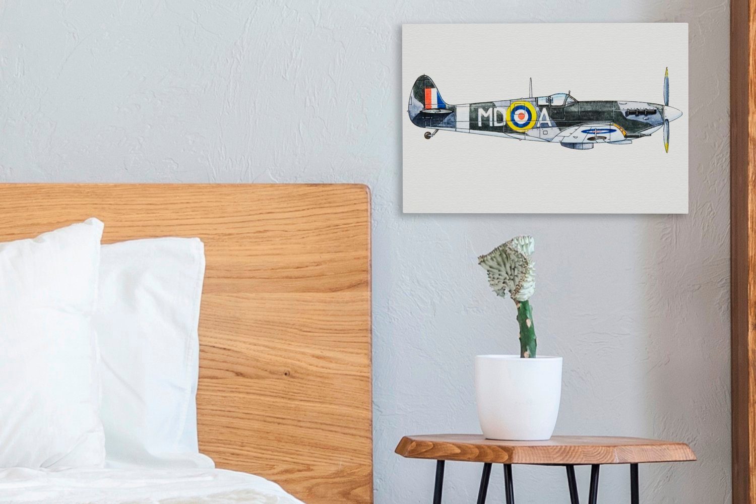 OneMillionCanvasses® Leinwandbild Eine Illustration eines weißen Spitfire Hintergrund, 30x20 St), vor cm Aufhängefertig, einem Wandbild Leinwandbilder, (1 Wanddeko