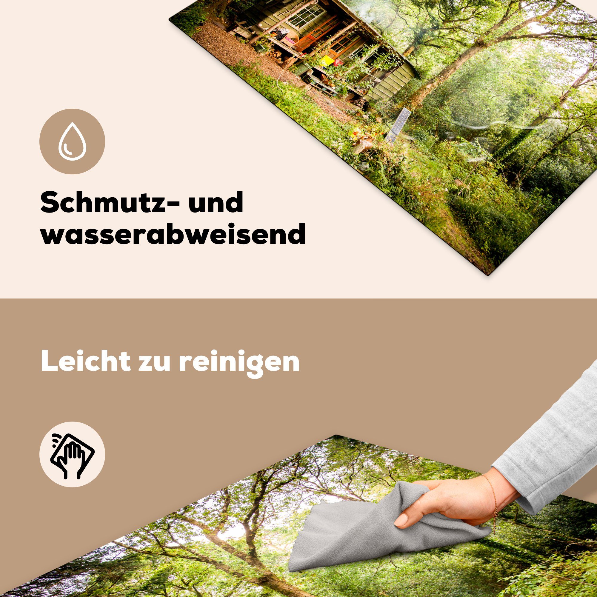 im (1 Induktionskochfeld Herdblende-/Abdeckplatte für cm, MuchoWow Ceranfeldabdeckung Wald, Blockhütte die Vinyl, küche, tlg), Schutz 81x52 Eine