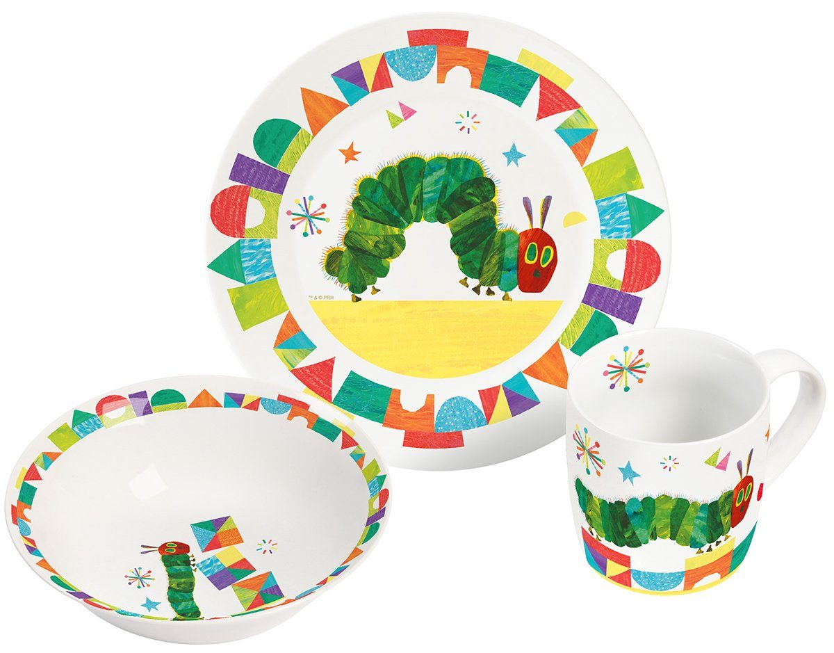 Geda Labels GmbH Kindergeschirr-Set Raupe Nimmersatt 3tlg. (3-tlg), Porzellan, Grün, 24x9,8x14,5, spülmaschinengeeignet