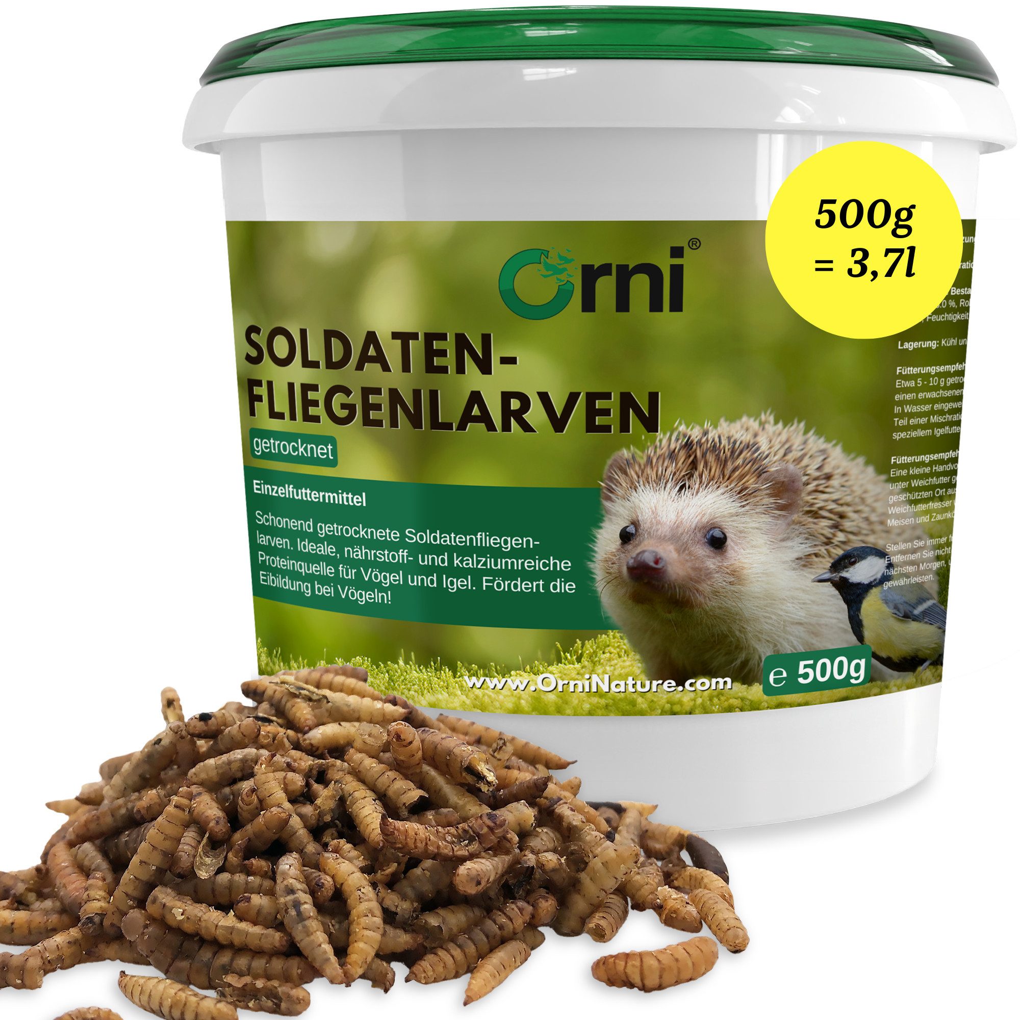 Orni Soldatenfliegenlarven getrocknet - Insektenfutter ohne Zusatzstoffe, Ergänzungsfutter für: Nutz-/ Wildtier