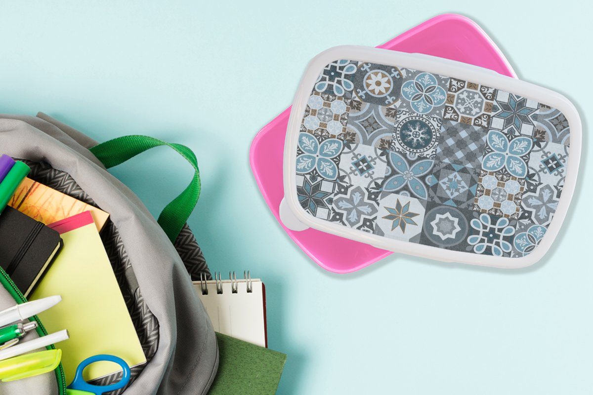 MuchoWow Lunchbox Blume - Kunststoff, Mädchen, Erwachsene, Design Figuren, für Snackbox, Blau - (2-tlg), - Kinder, Brotdose Brotbox rosa Kunststoff